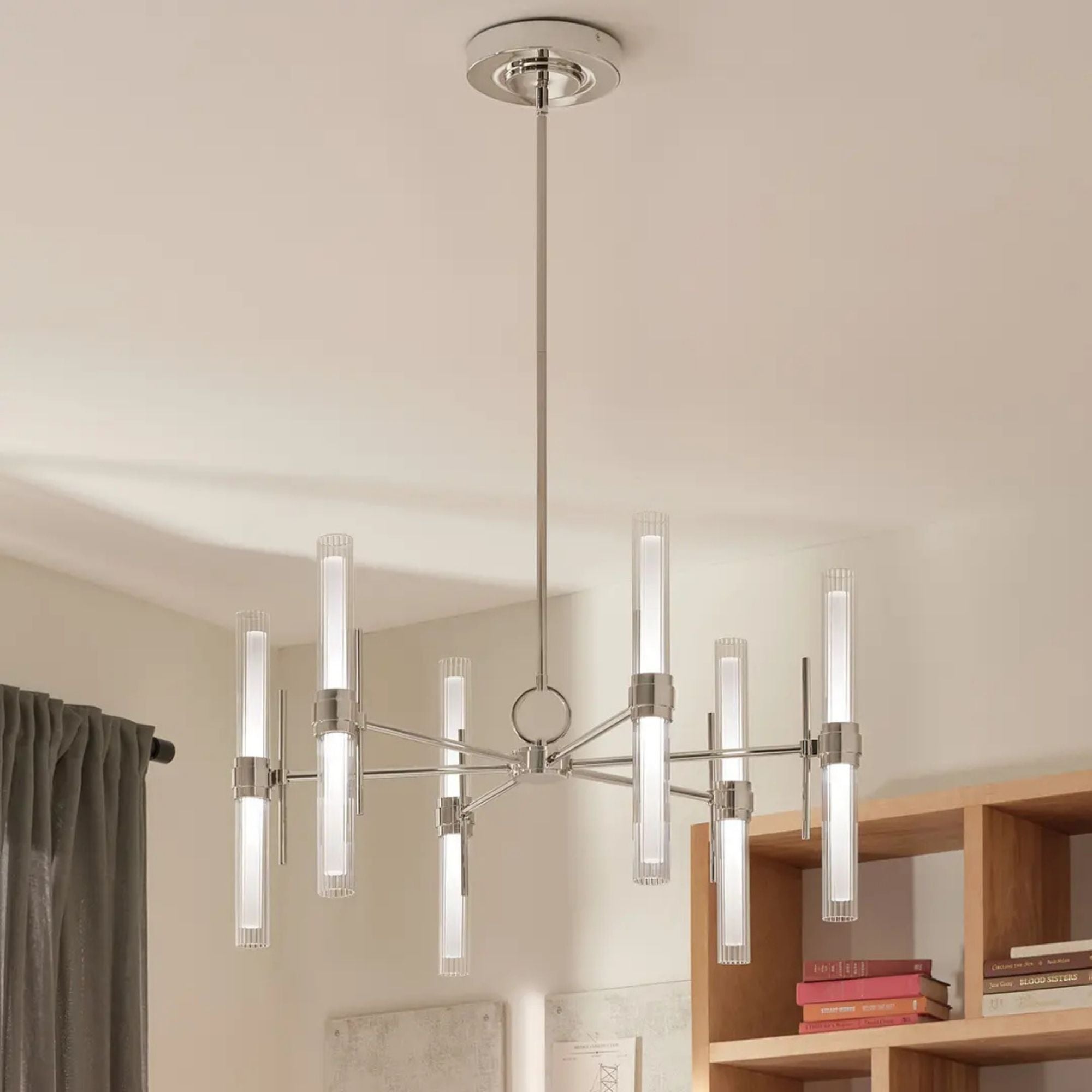 Kichler Riven 33 in. 12-Light Chandelier, Polished Nickel with Clear Fluted Glass Cylinder Shade