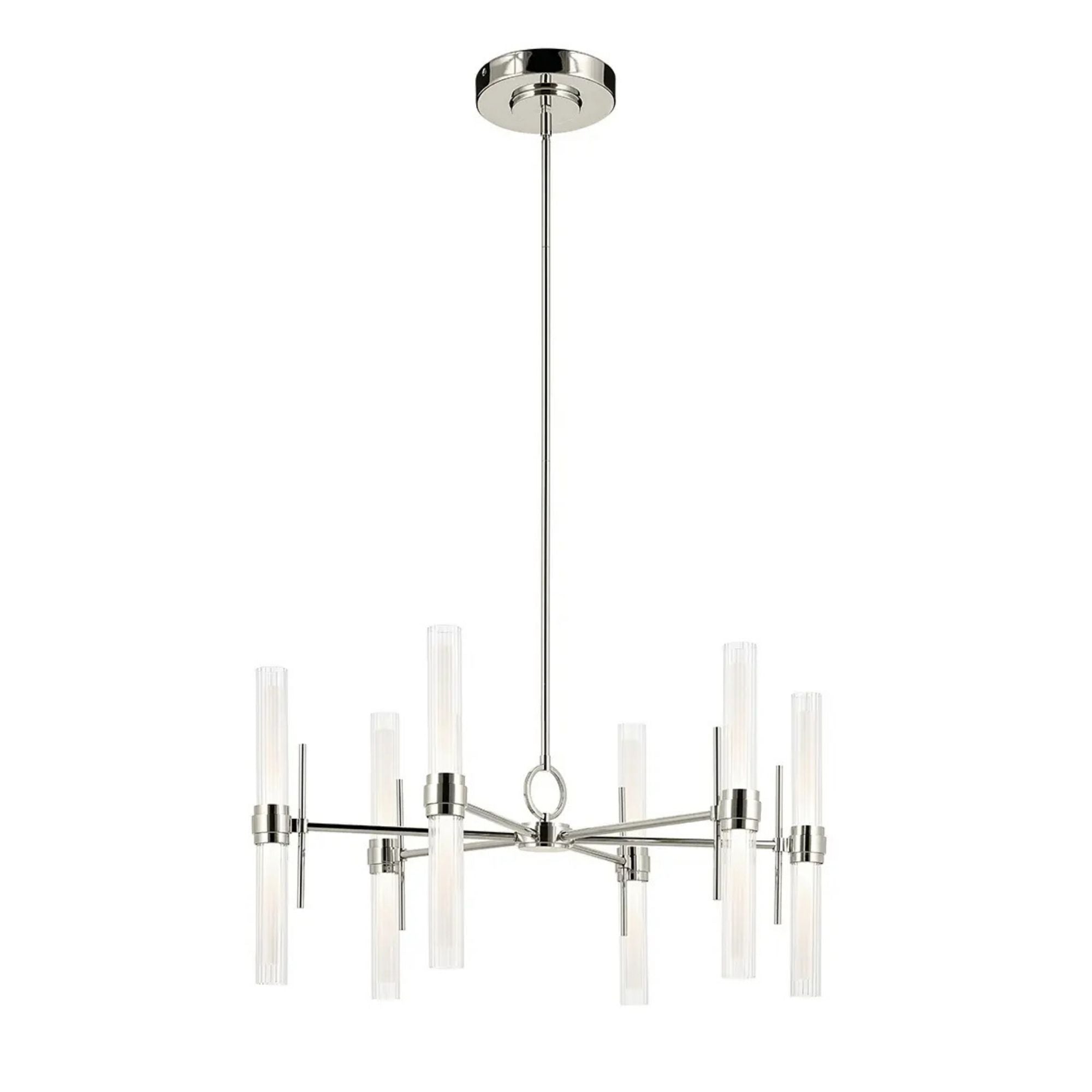 Kichler Riven 33 in. 12-Light Chandelier, Polished Nickel with Clear Fluted Glass Cylinder Shade
