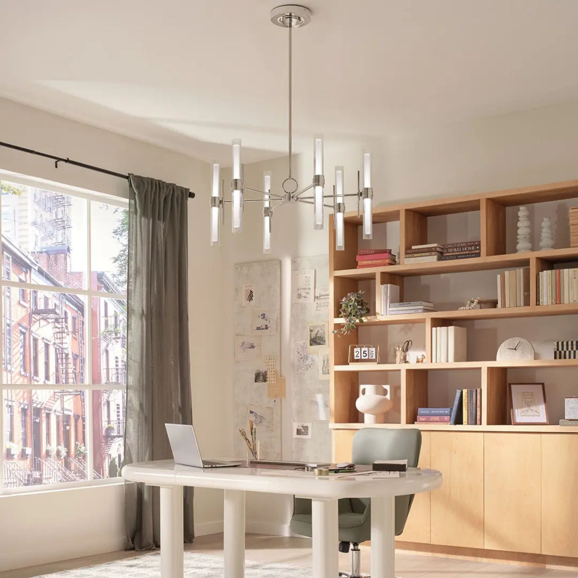 Kichler Riven 33 in. 12-Light Chandelier, Polished Nickel with Clear Fluted Glass Cylinder Shade
