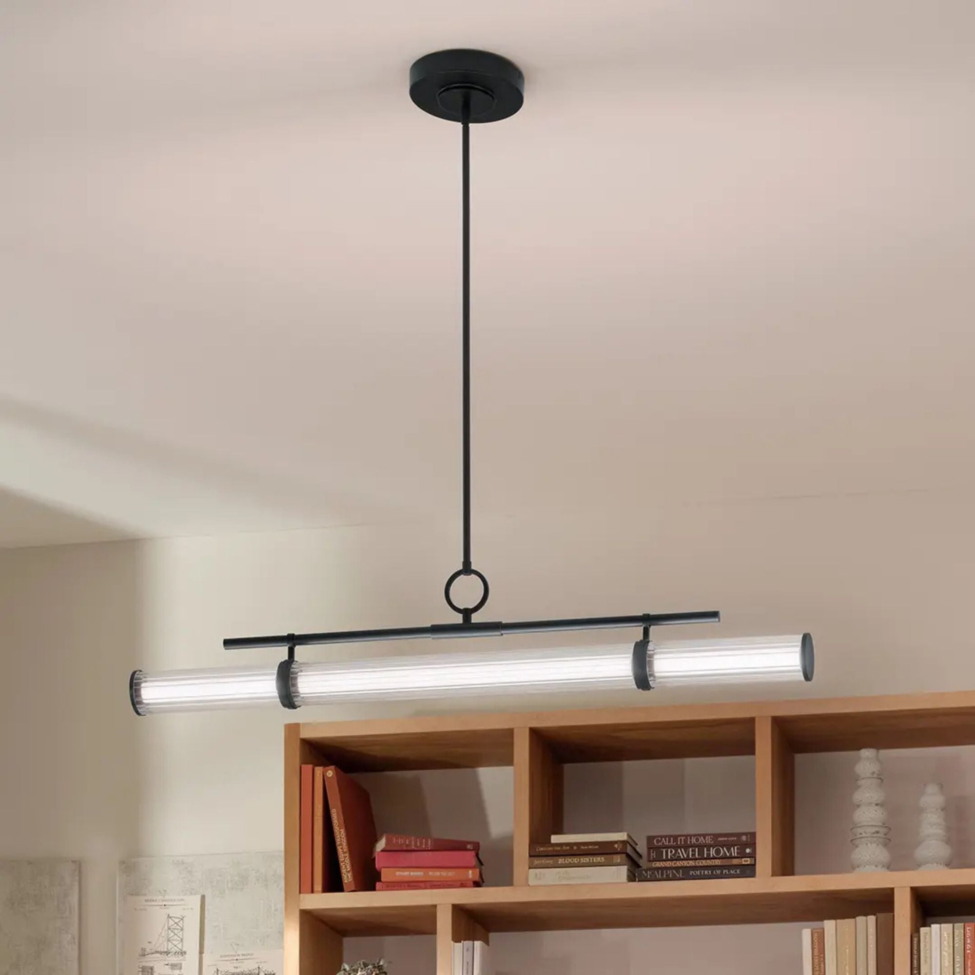 Kichler Riven 48.25 in. Linear Chandelier, Black & Champagne Bronze & Polished Nickel with Clear Fluted Glass Cylinder Shade