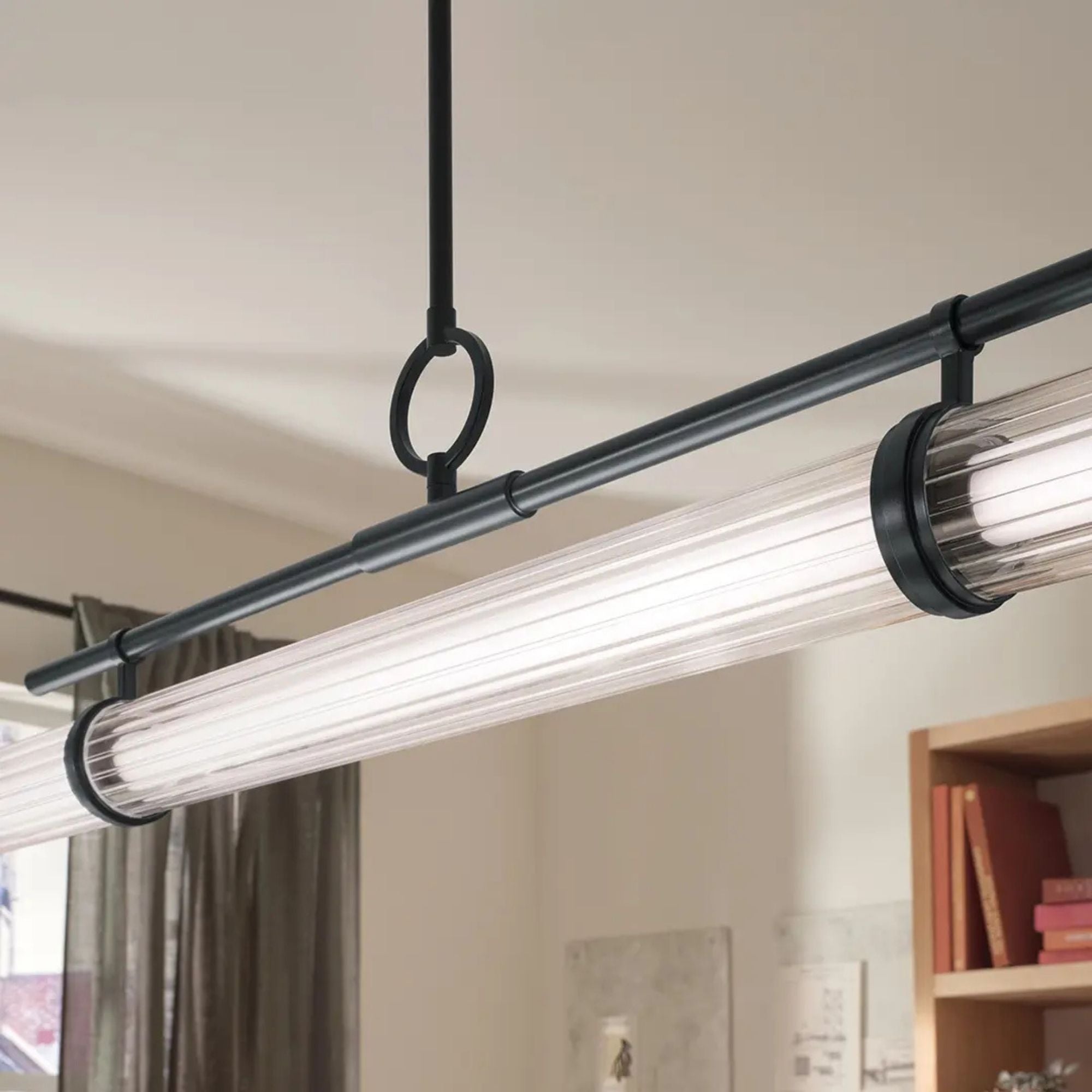 Kichler Riven 48.25 in. Linear Chandelier, Black & Champagne Bronze & Polished Nickel with Clear Fluted Glass Cylinder Shade