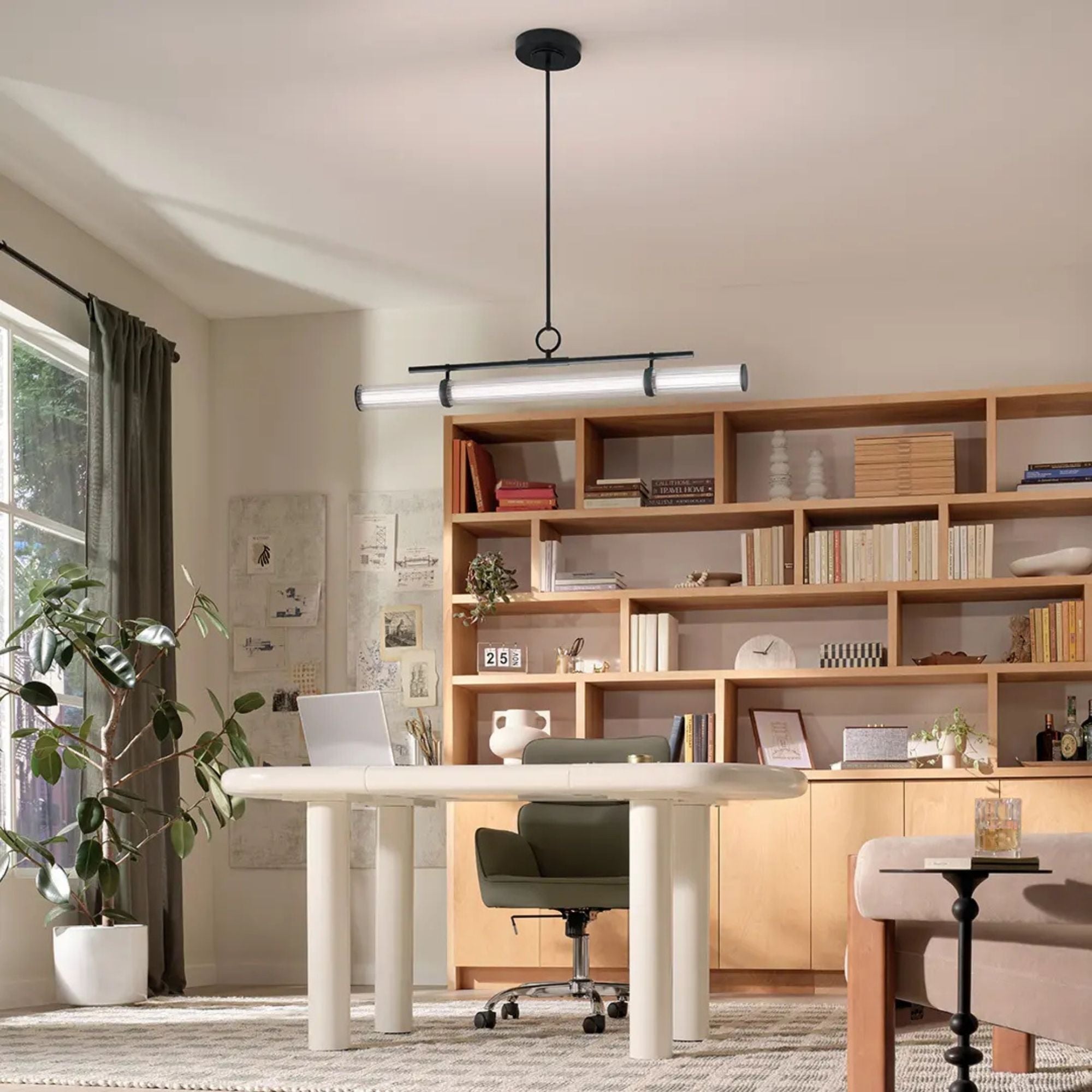 Kichler Riven 48.25 in. Linear Chandelier, Black & Champagne Bronze & Polished Nickel with Clear Fluted Glass Cylinder Shade