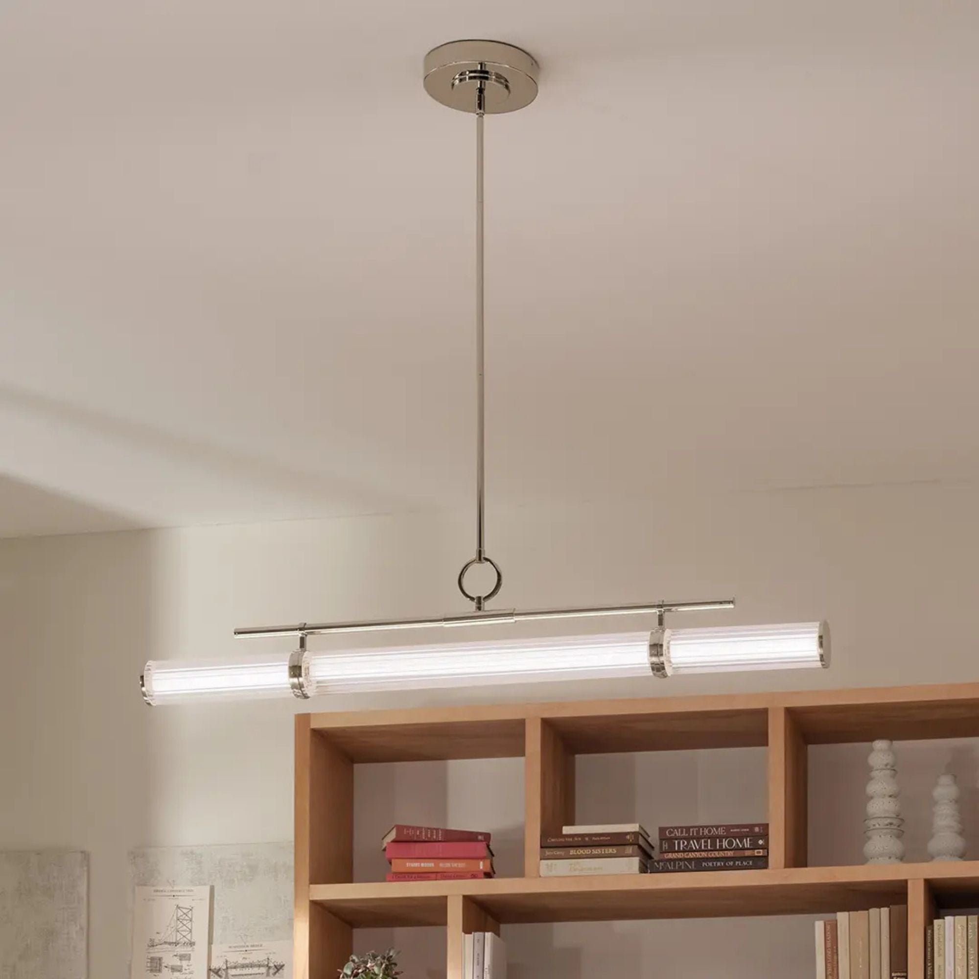 Kichler Riven 48.25 in. Linear Chandelier, Polished Nickel with Clear Fluted Glass Cylinder Shade