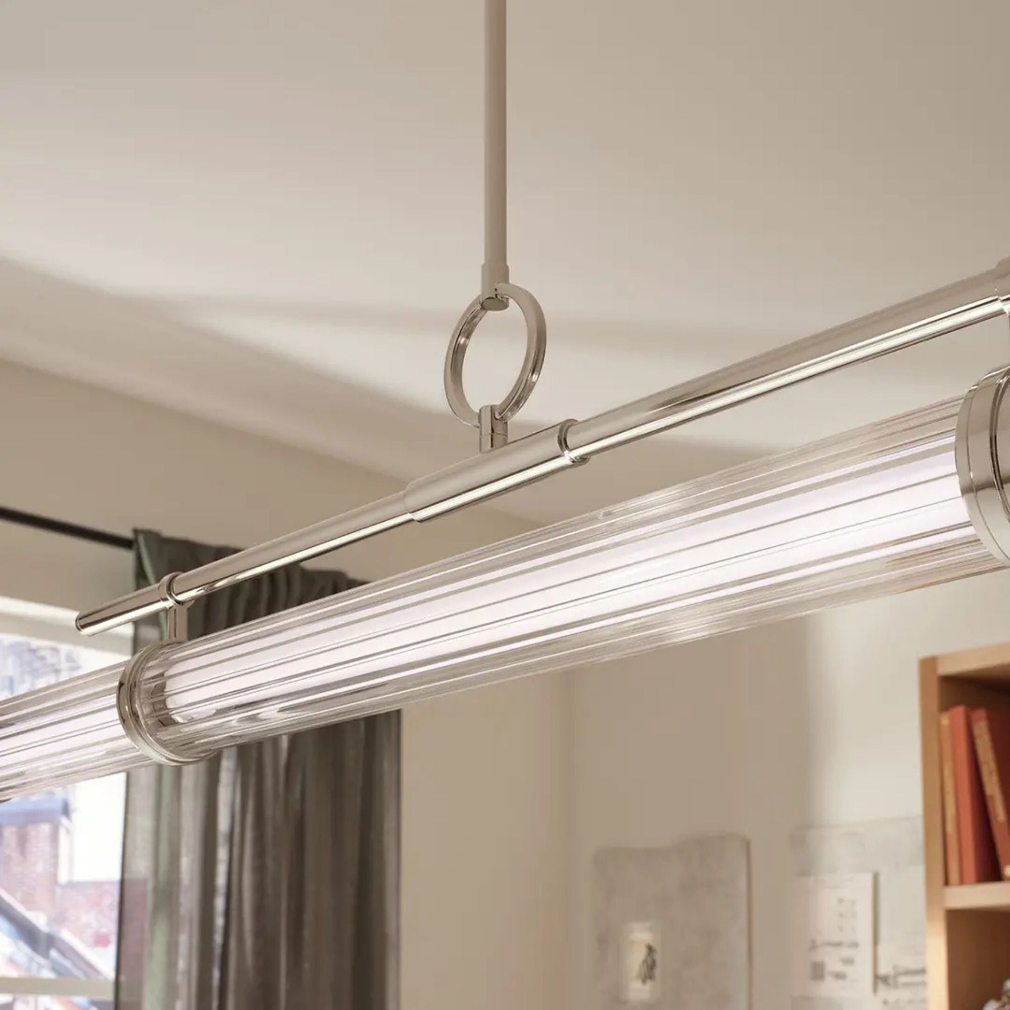 Kichler Riven 48.25 in. Linear Chandelier, Polished Nickel with Clear Fluted Glass Cylinder Shade