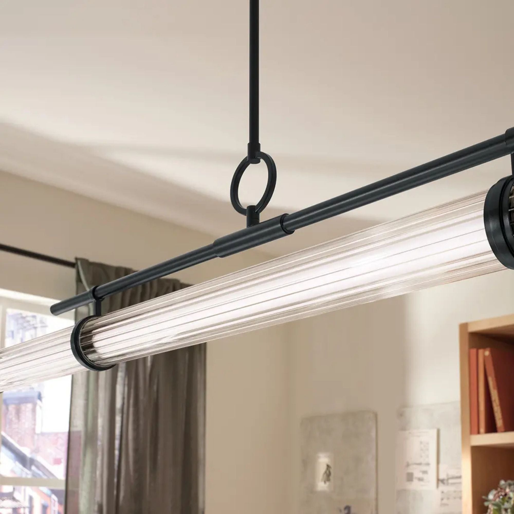 Kichler Riven 60.25 in. Linear Chandelier, Black & Champagne Bronze & Polished Nickel with Clear Fluted Glass Cylinder Shade