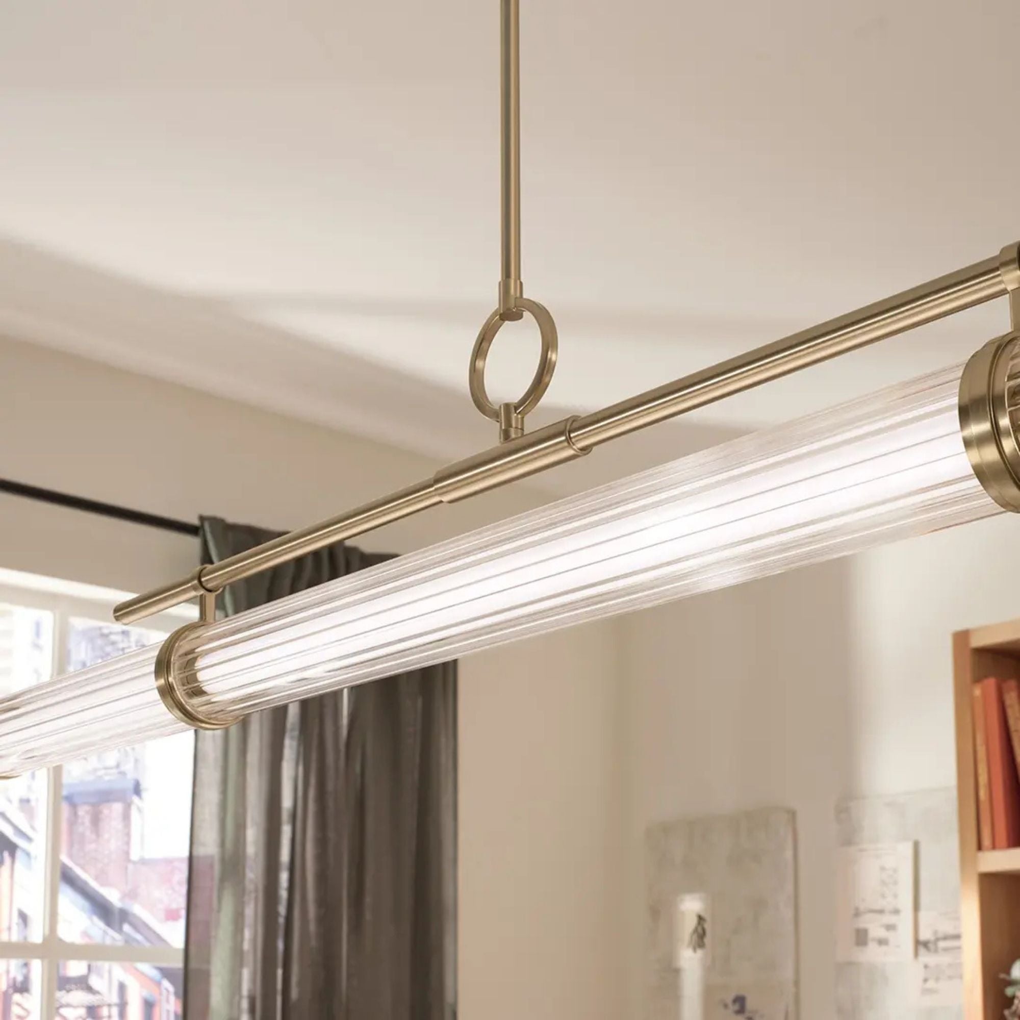 Kichler Riven 60.25 in. Linear Chandelier, Champagne Bronze with White Cylinder Shade