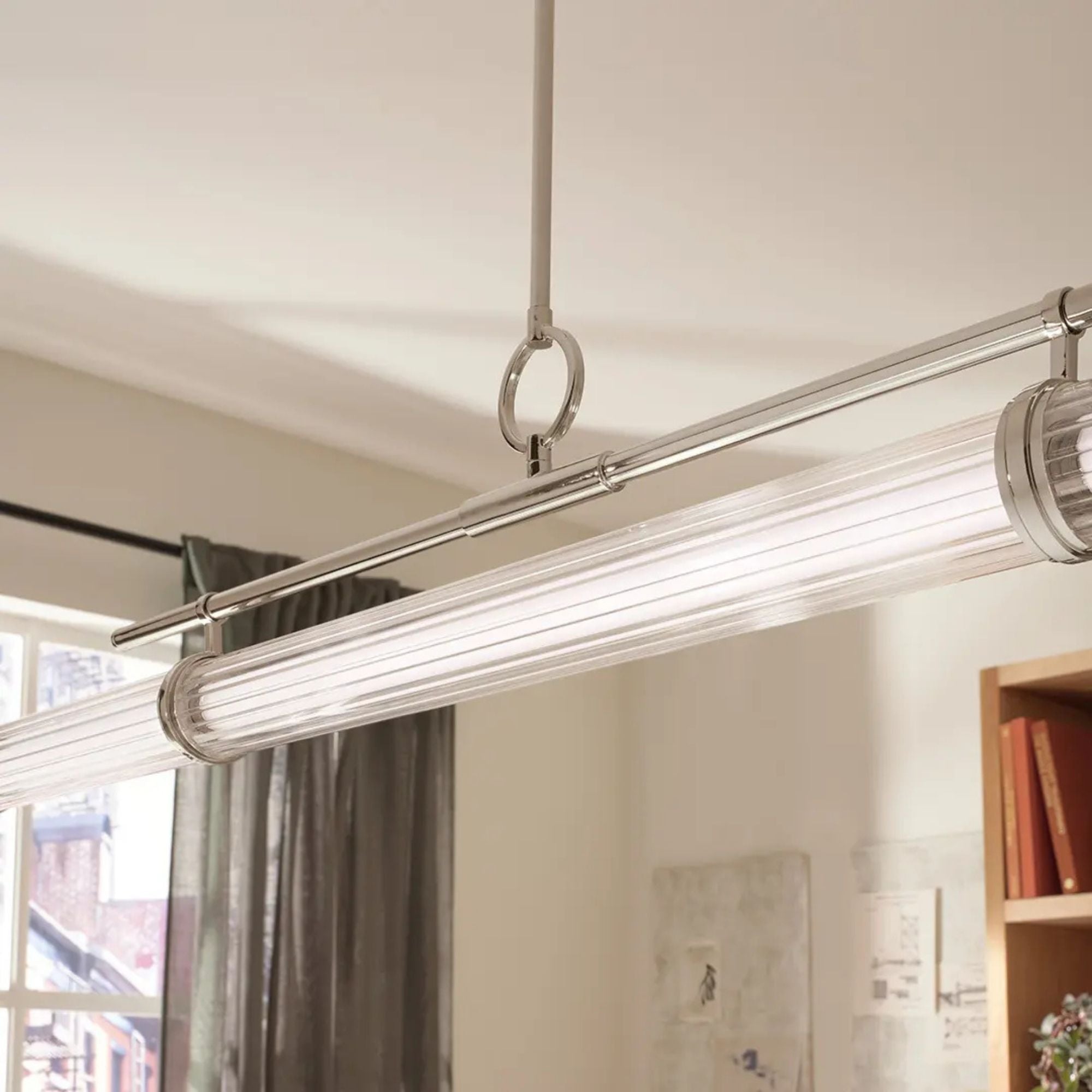 Kichler Riven 60.25 in. Linear Chandelier, Polished Nickel with White Cylinder Shade