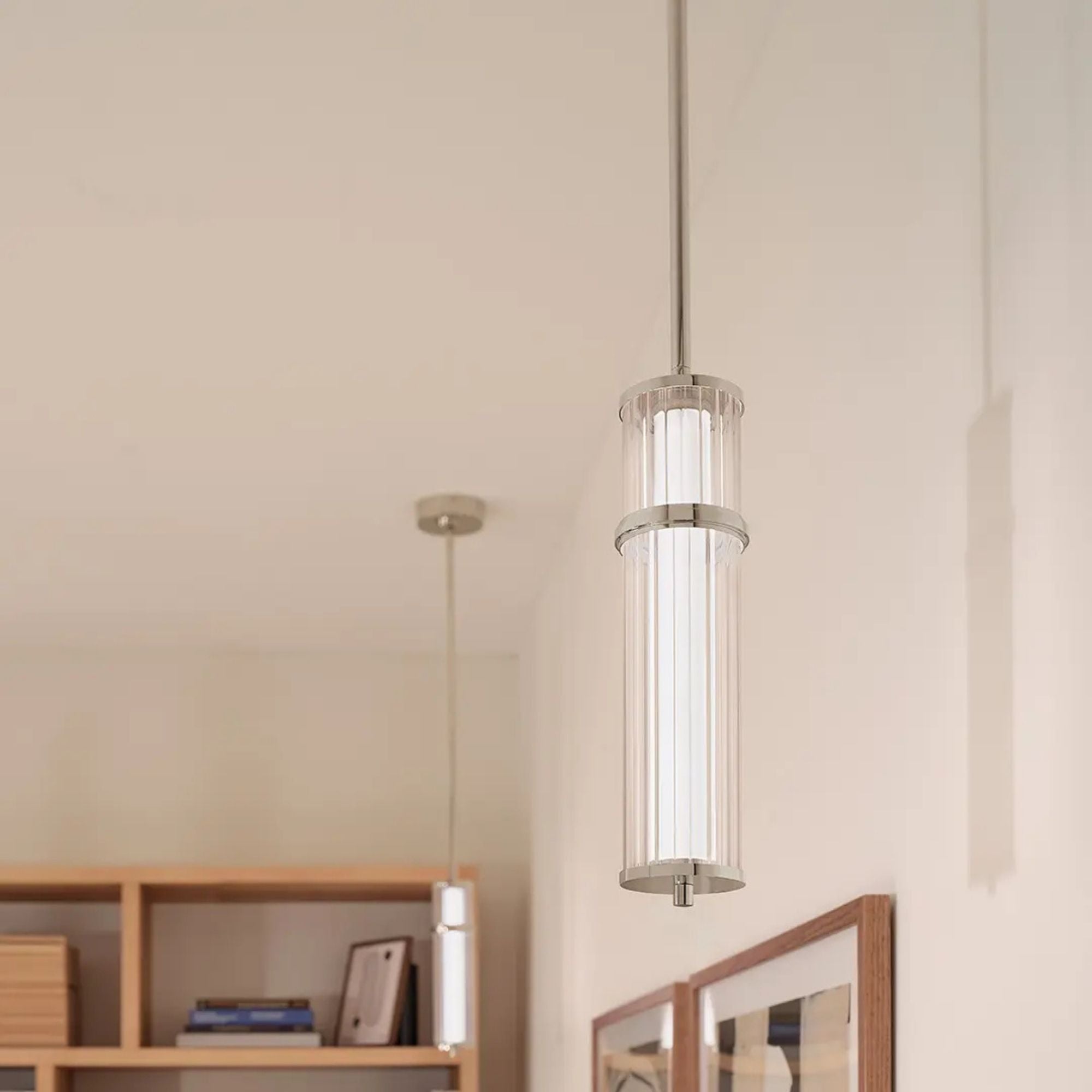 Kichler Riven 15.5 in. Pendant Light, Polished Nickel with Clear Fluted Glass Cylinder Shade
