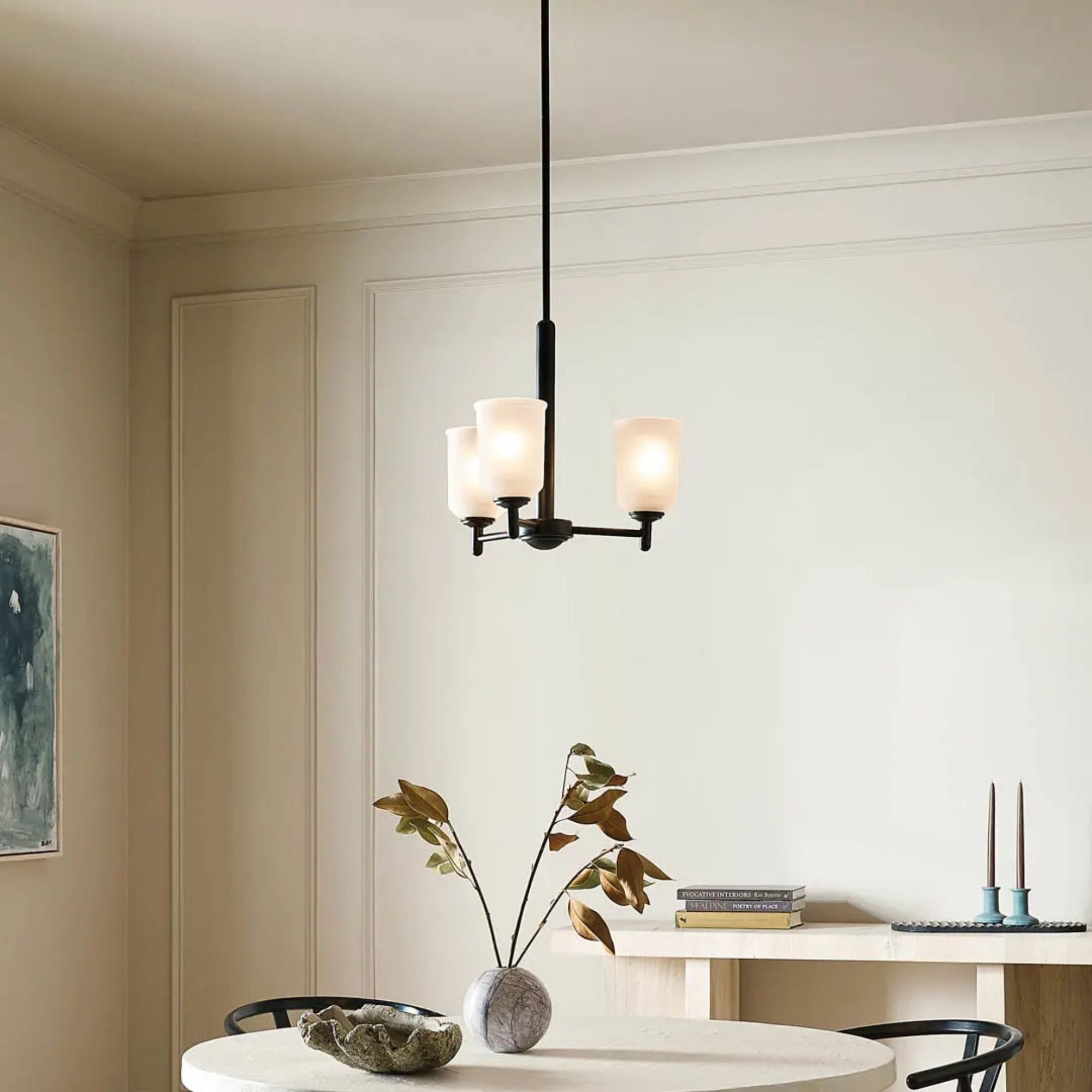 Shailene 18" 3-Light Mini Chandelier, Black Finish, Etched Glass