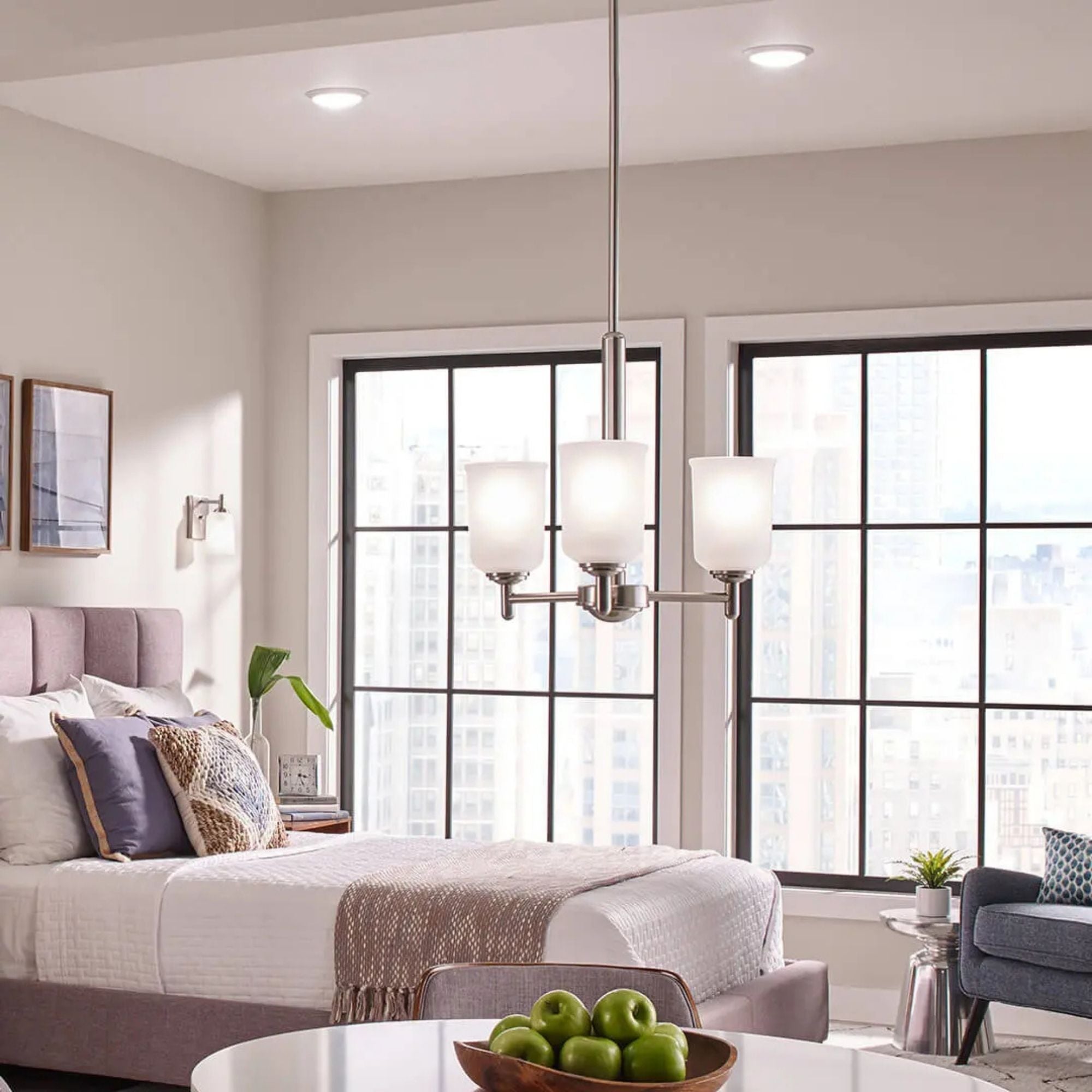 Shailene 18" 3-Light Mini Chandelier, Brushed Nickel Finish, Etched Glass