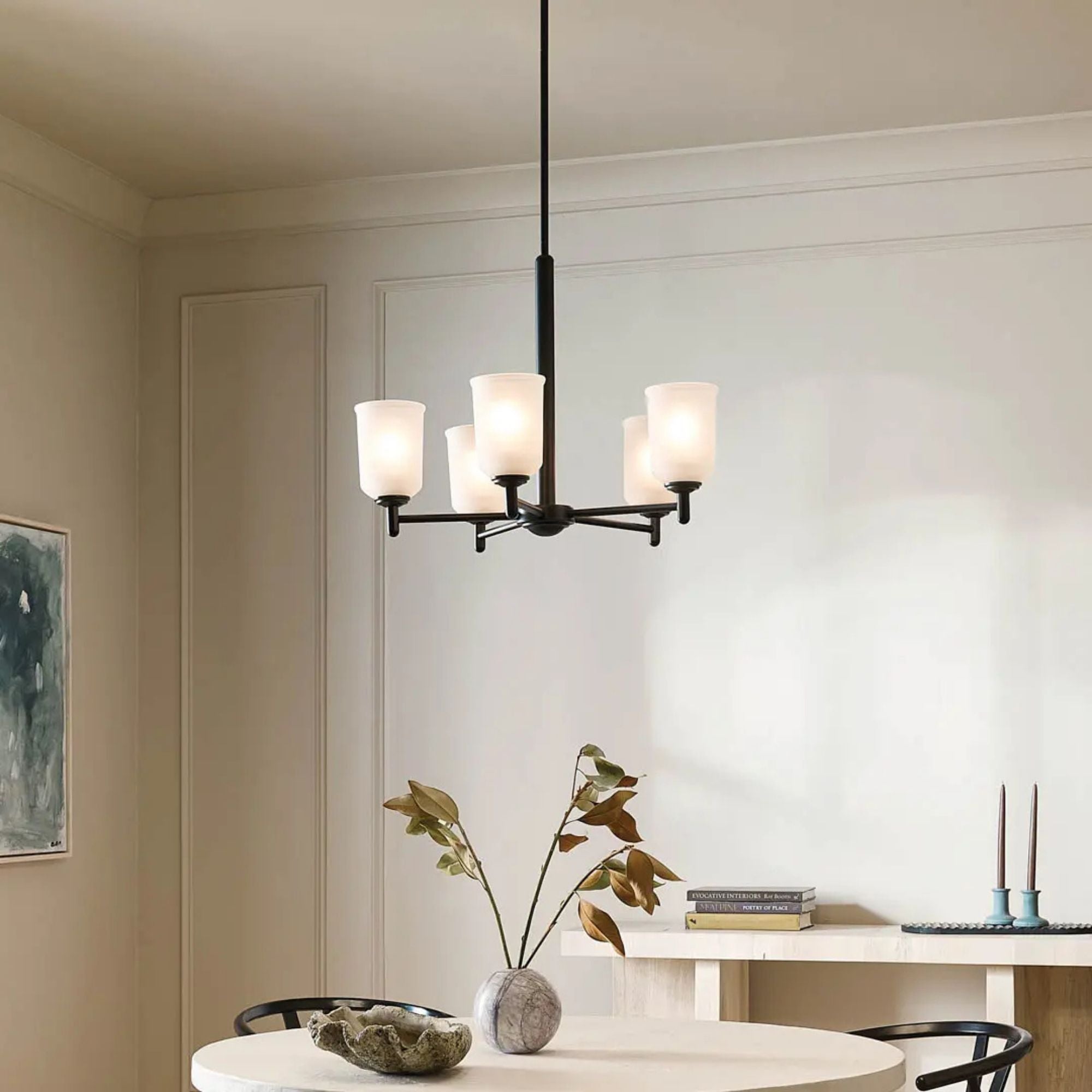 Shailene 24" 5-Light Chandelier, Black Finish, Etched Glass