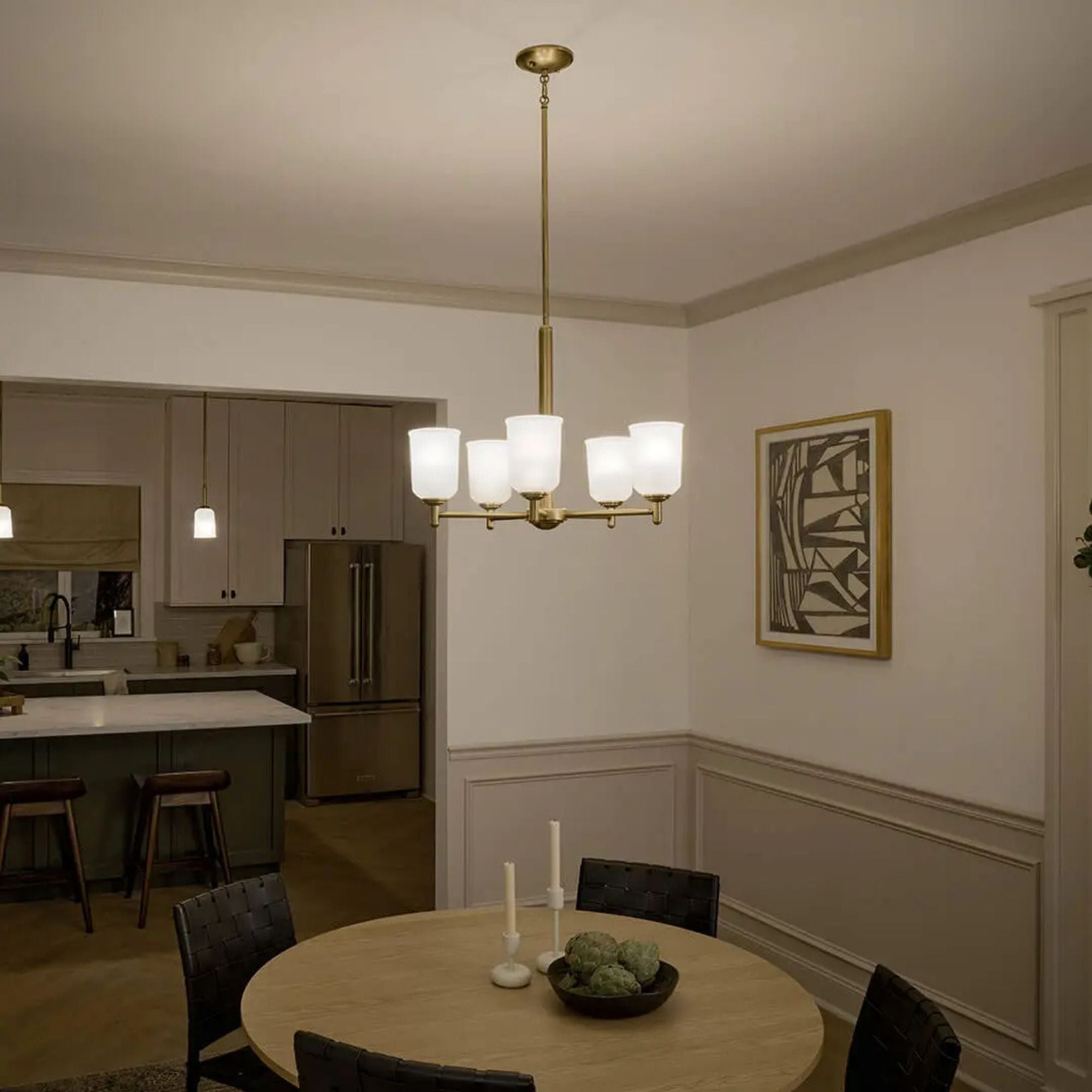 Shailene 24" 5-Light Chandelier, Natural Brass Finish, Etched Glass