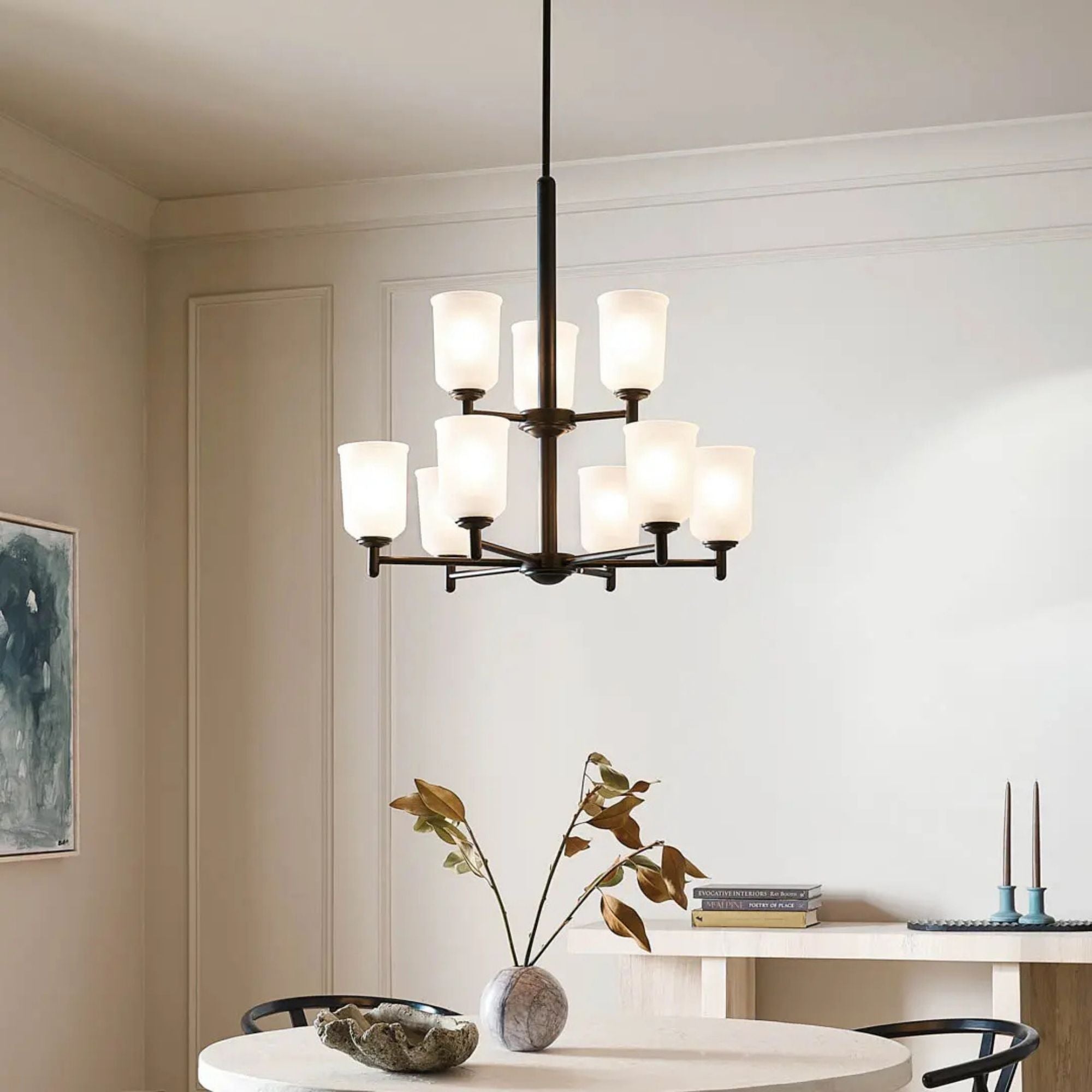 Shailene 27" 9-Light Chandelier, Black Finish, Etched Glass