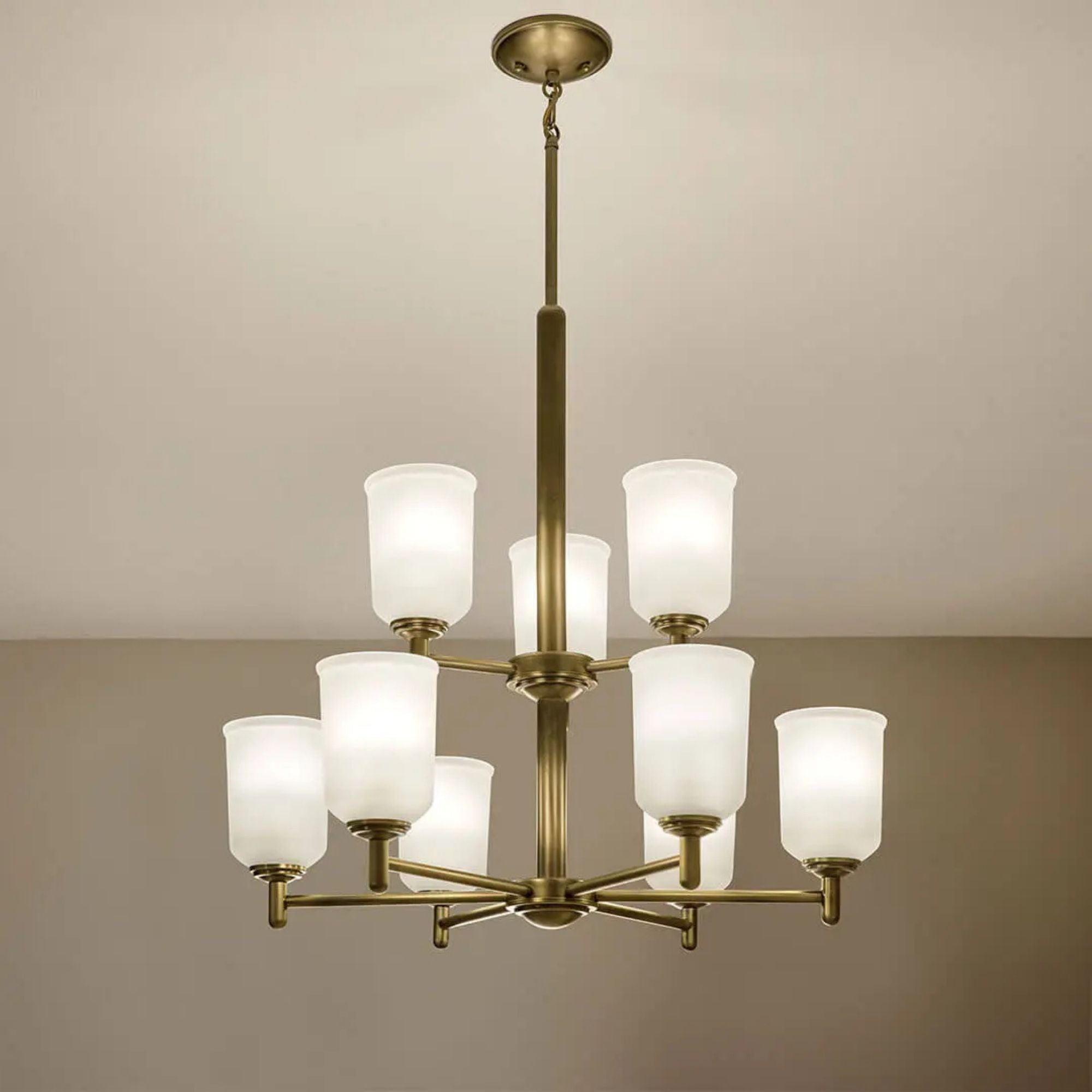 Shailene 27" 9-Light Chandelier, Natural Brass Finish, Etched Glass