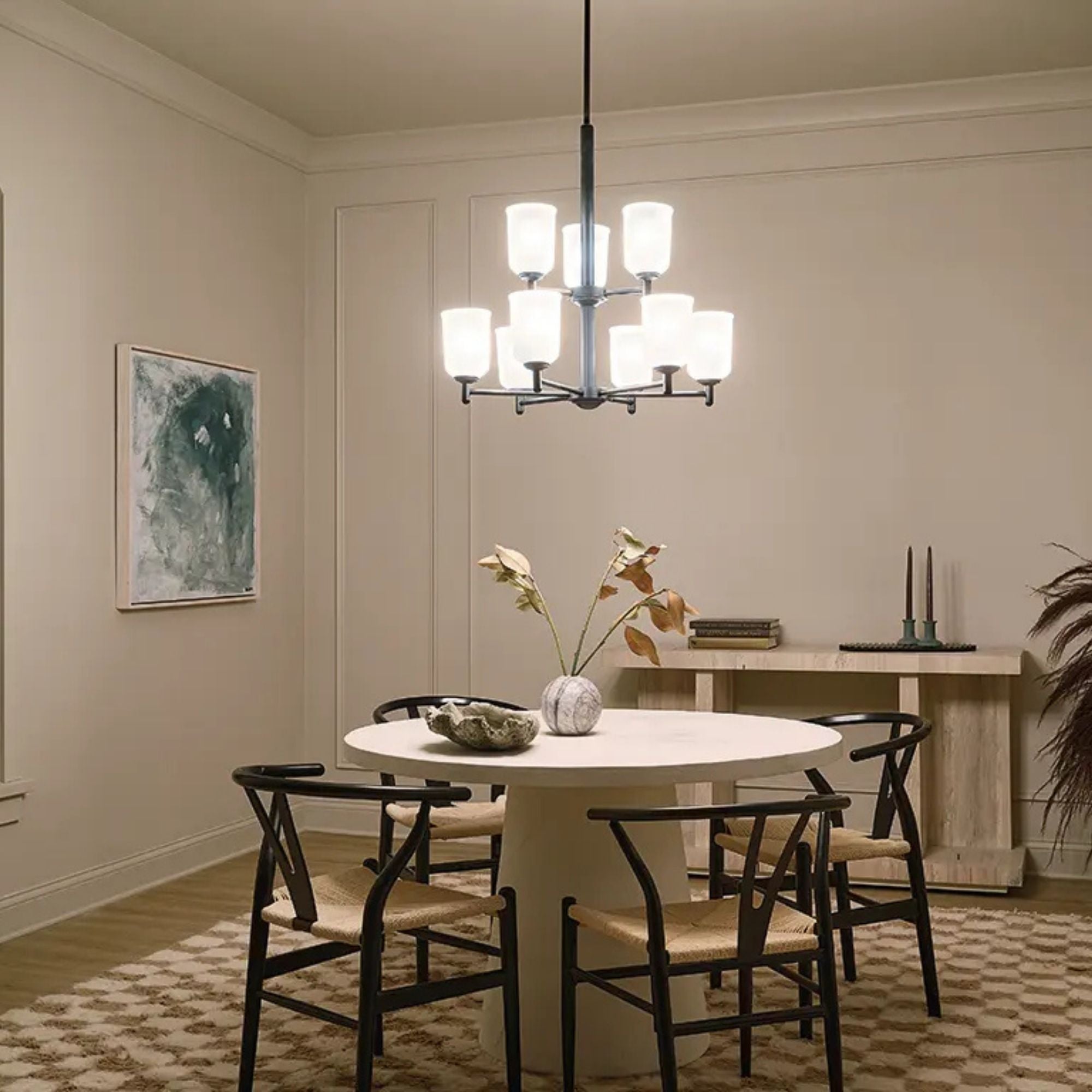 Shailene 27" 9-Light Chandelier, Brushed Nickel Finish, Etched Glass