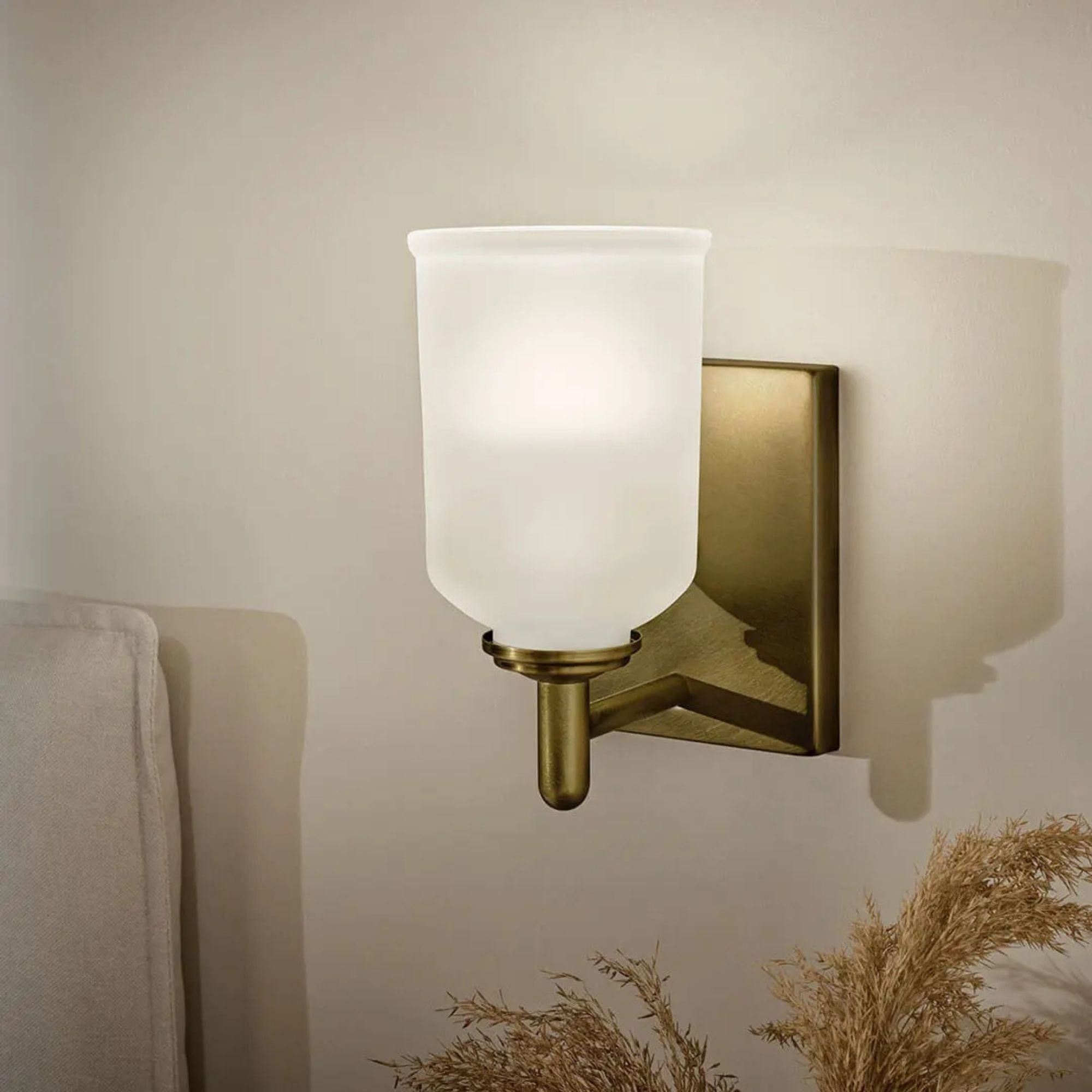 Shailene 5" Wall Sconce, Natural Brass Finish, Etched Glass