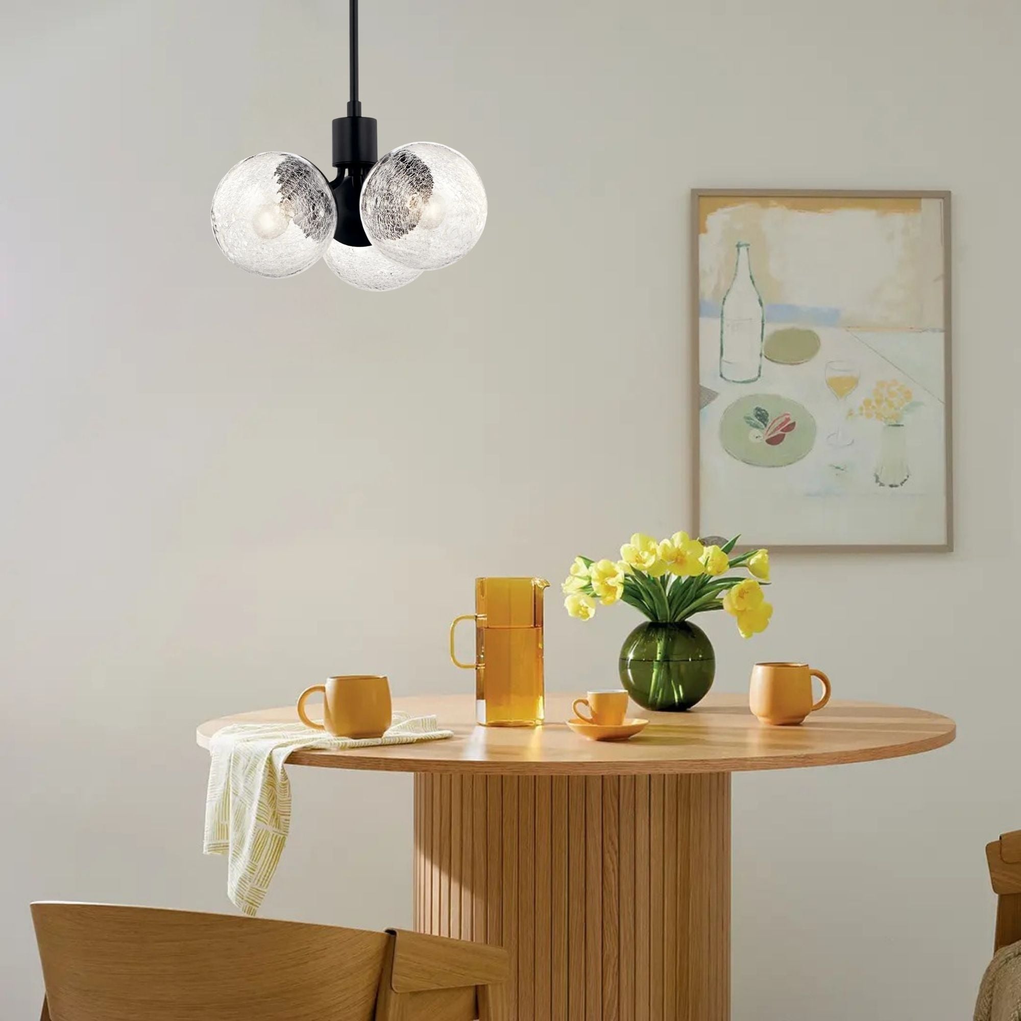 Silvarious 17" 3-Light Chandelier, Black Finish, Crackle Glass