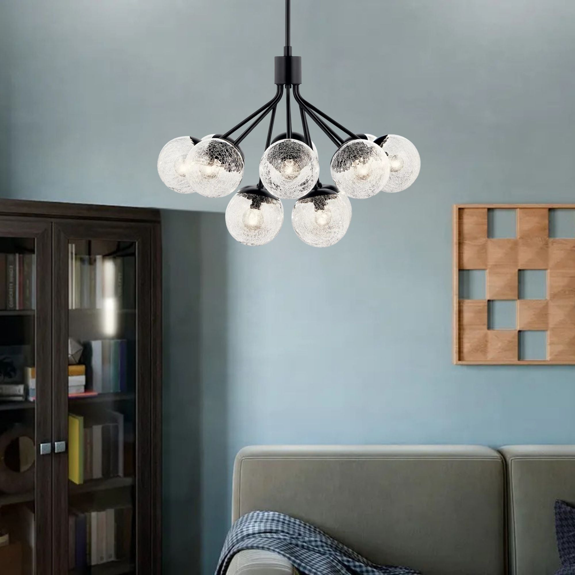 Silvarious 30" 12-Light Chandelier, Black Finish, Crackle Glass