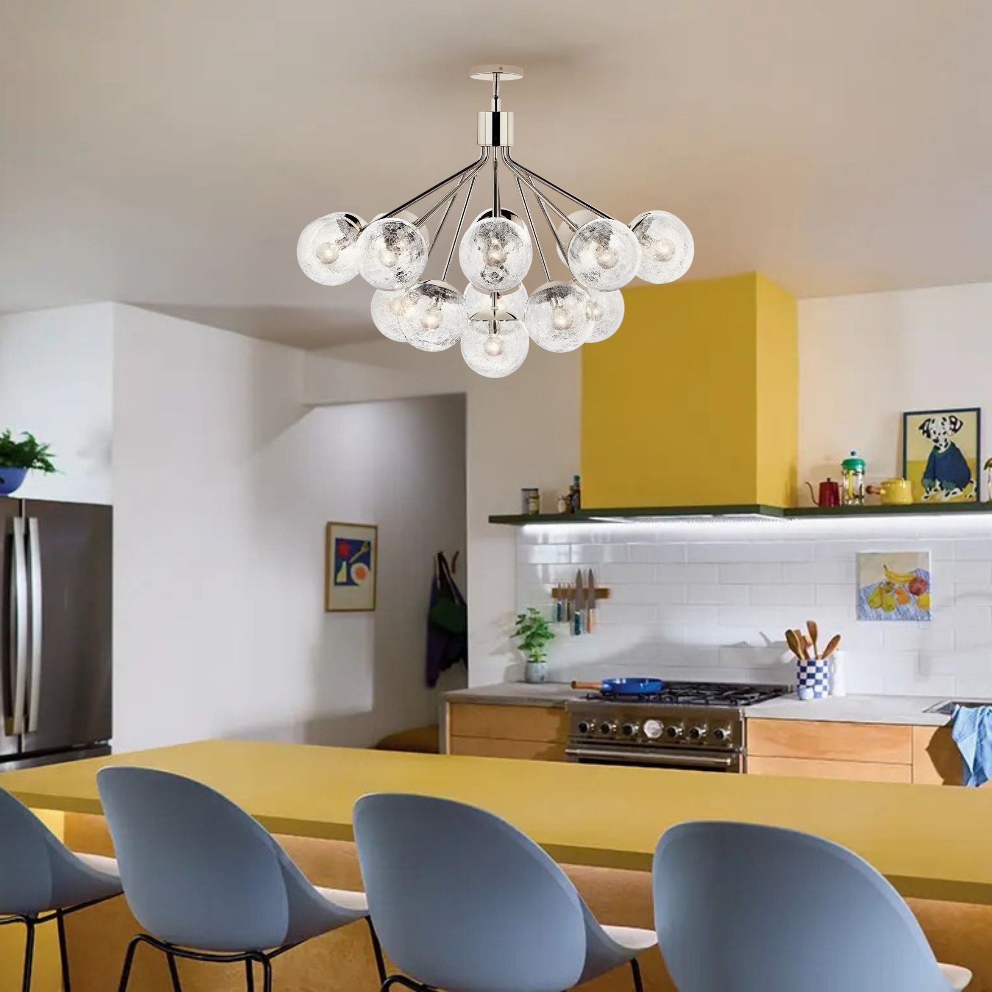 Silvarious 38" 16 Light Chandelier, Polished Nickel Finish, Crackle Glass