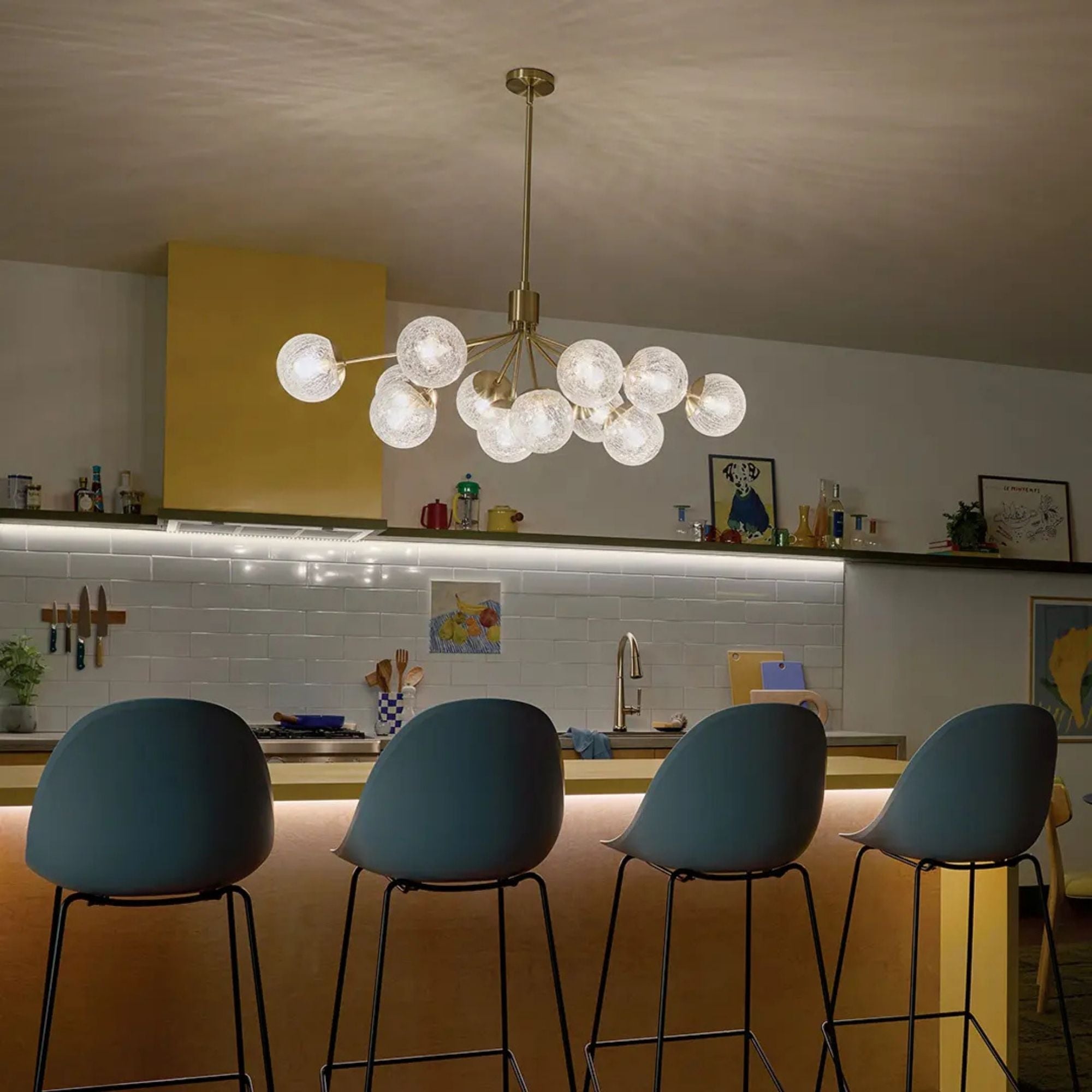 Silvarious 48" 12-Light Linear Chandelier, Champagne Bronze Finish, Crackle Glass