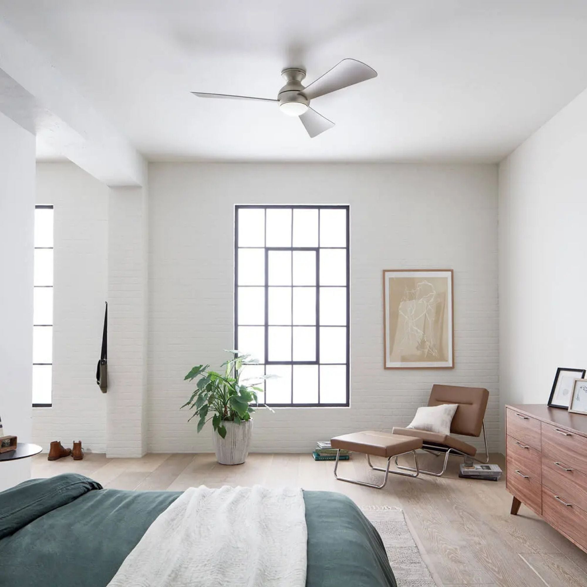 Sola 54" Brushed Nickel Wet Rated LED Hugger Ceiling Fan with Wall Control