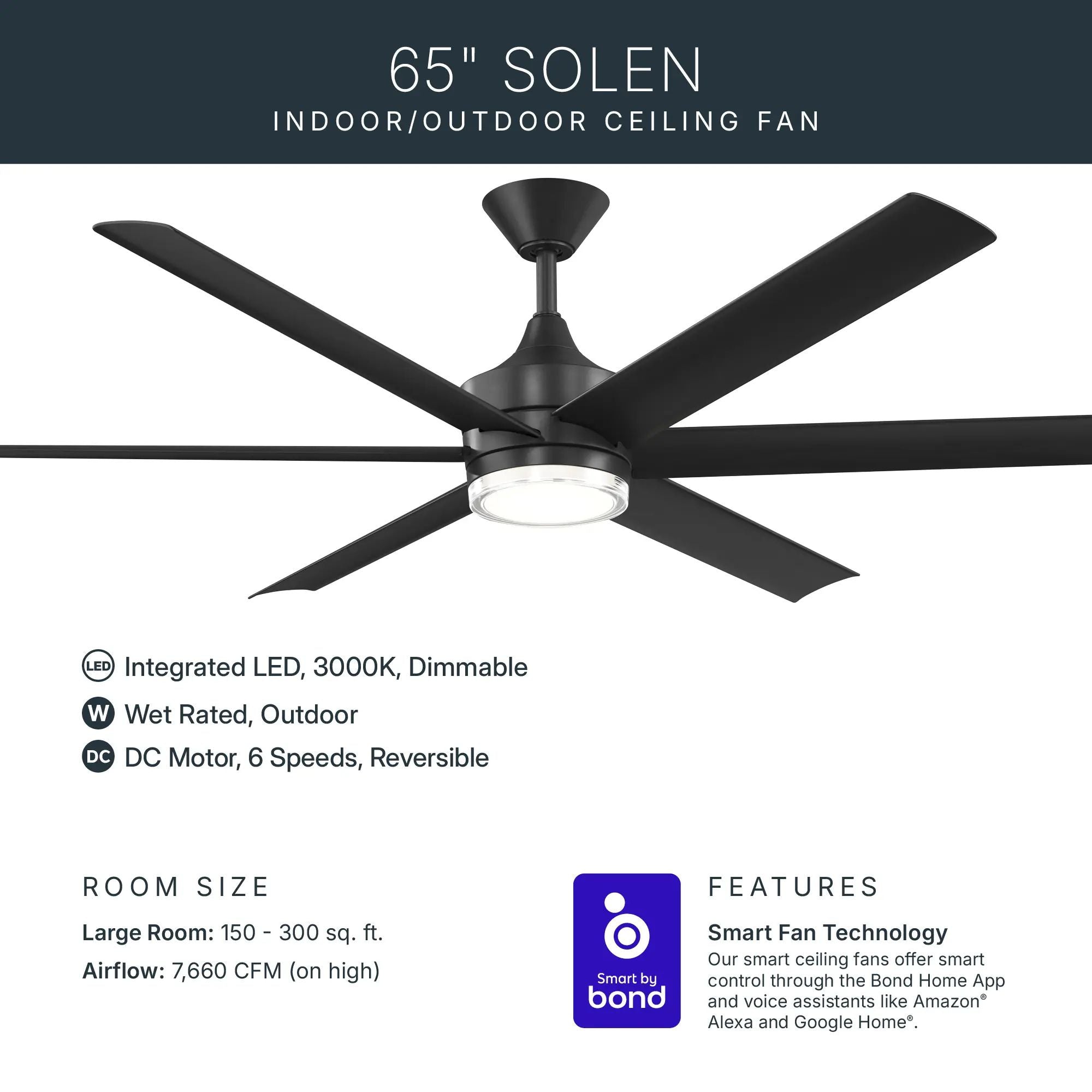 Kichler Solen 65'' Ceiling Fan with LED Light DC Motor Matte Black