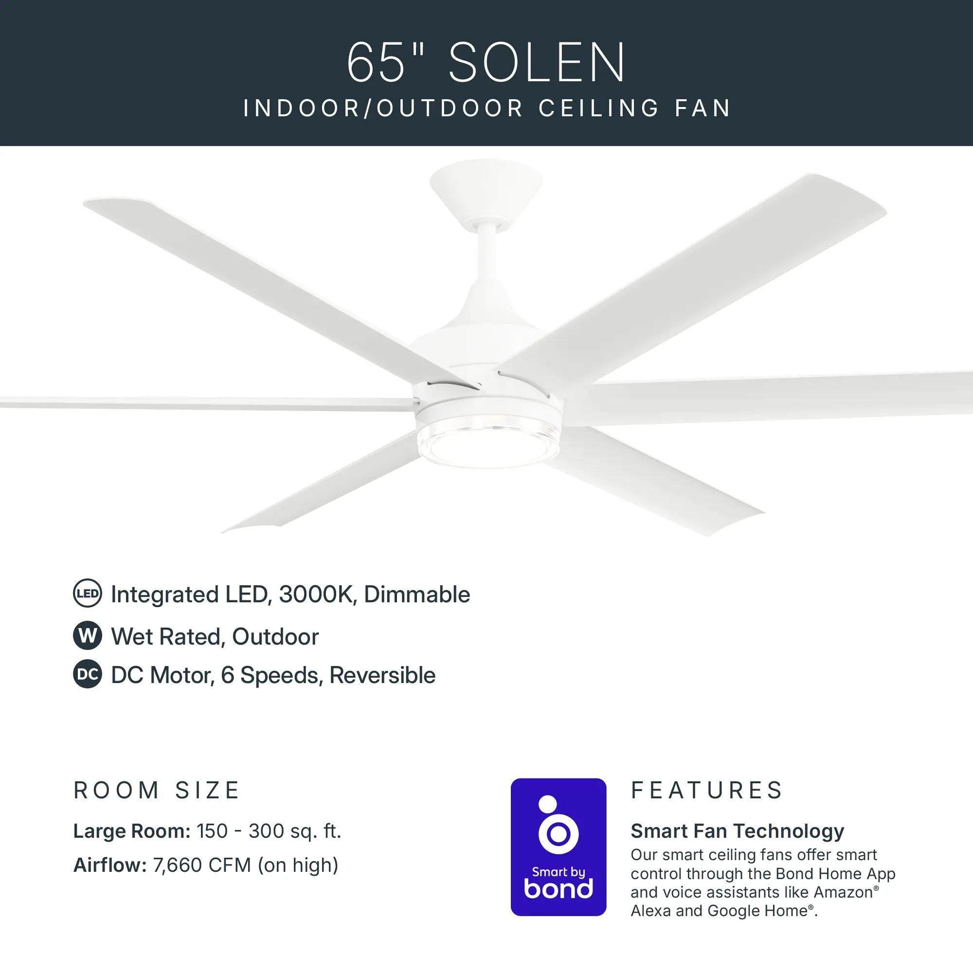 Kichler Solen 65'' Ceiling Fan with LED Light DC Motor Matte White