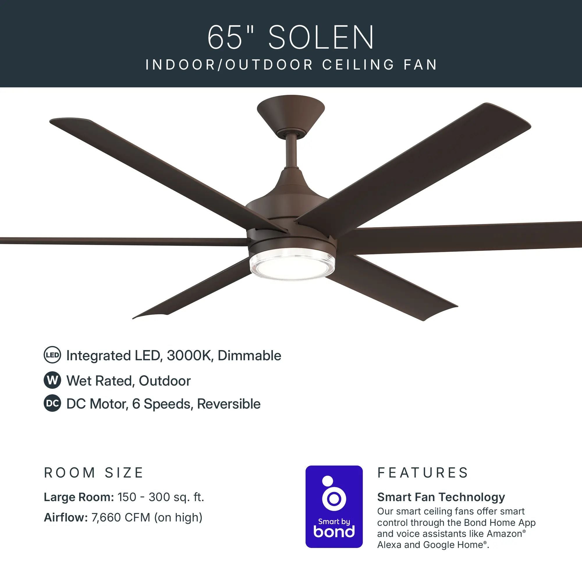 Kichler Solen 65'' Ceiling Fan with LED Light DC Motor Satin Natural Bronze
