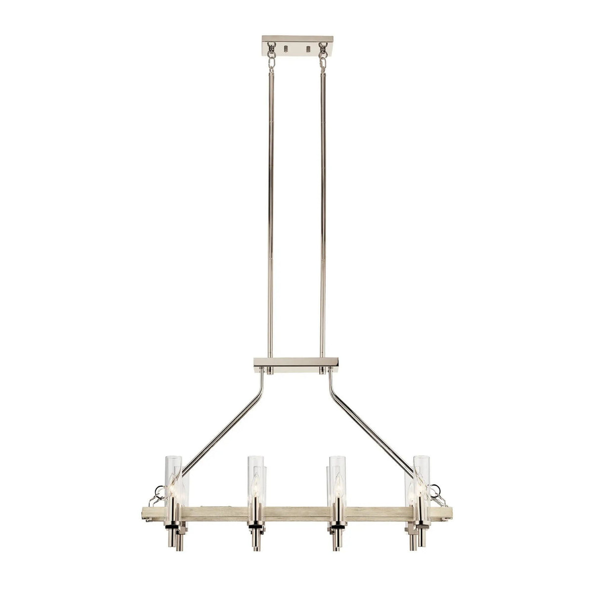 Suspended 8-light chandelier with white-washed wood bar, metal arms, and clear glass shades