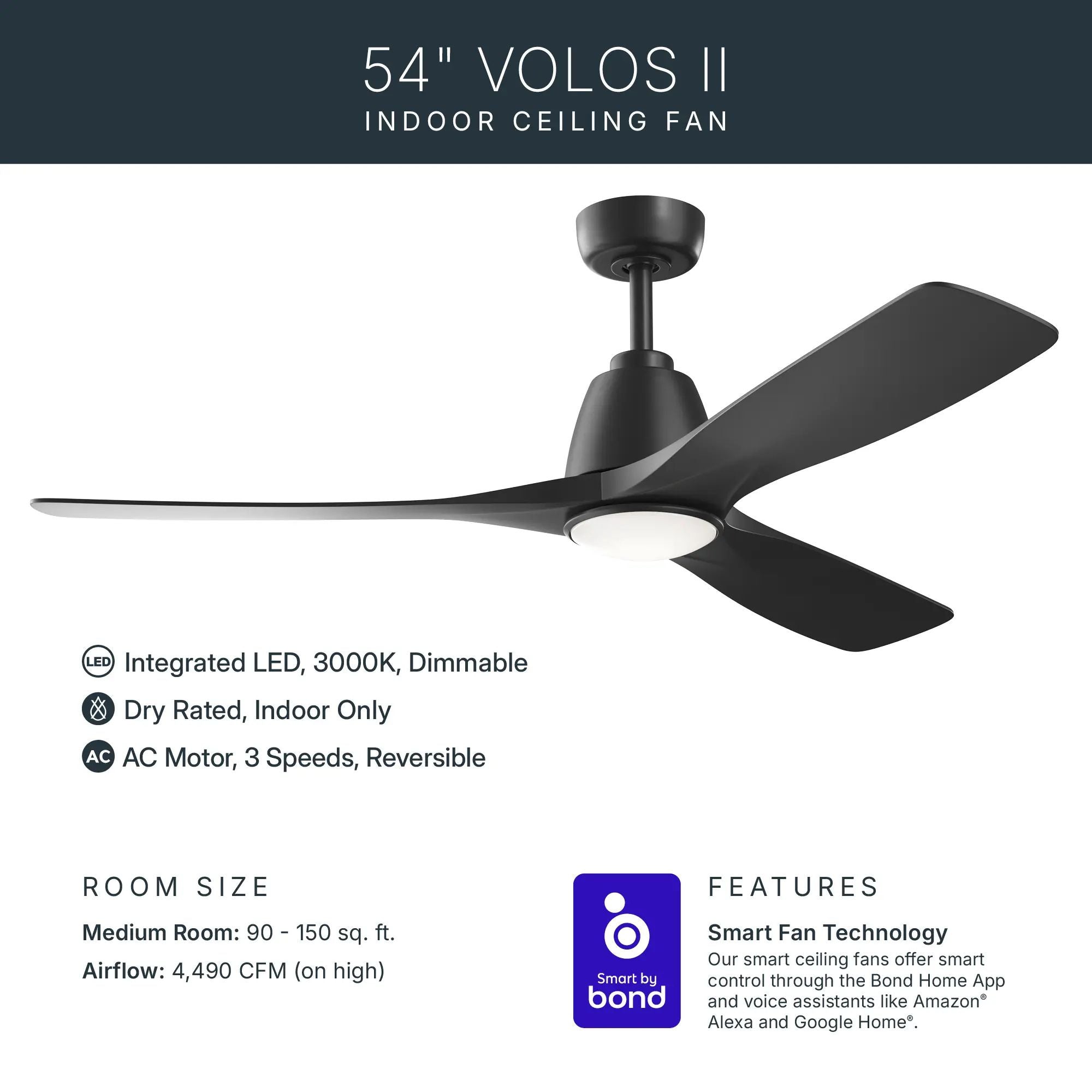 Kichler Volos II 54'' Ceiling Fan with LED Light AC Motor Matte Black