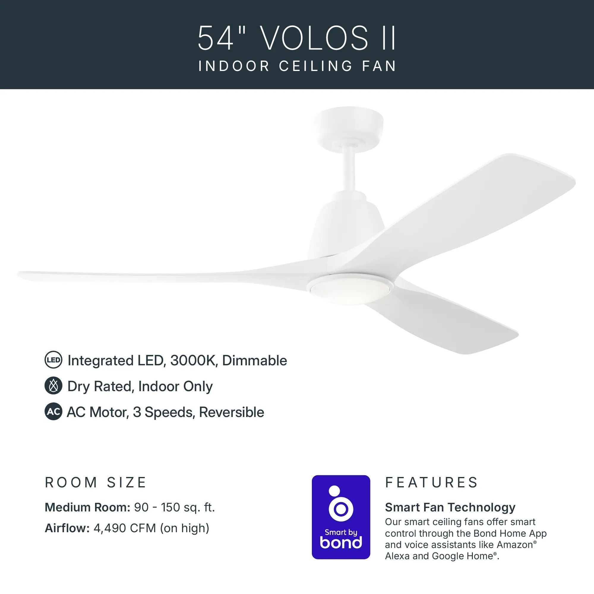 Kichler Volos II 54'' Ceiling Fan with LED Light AC Motor Matte White