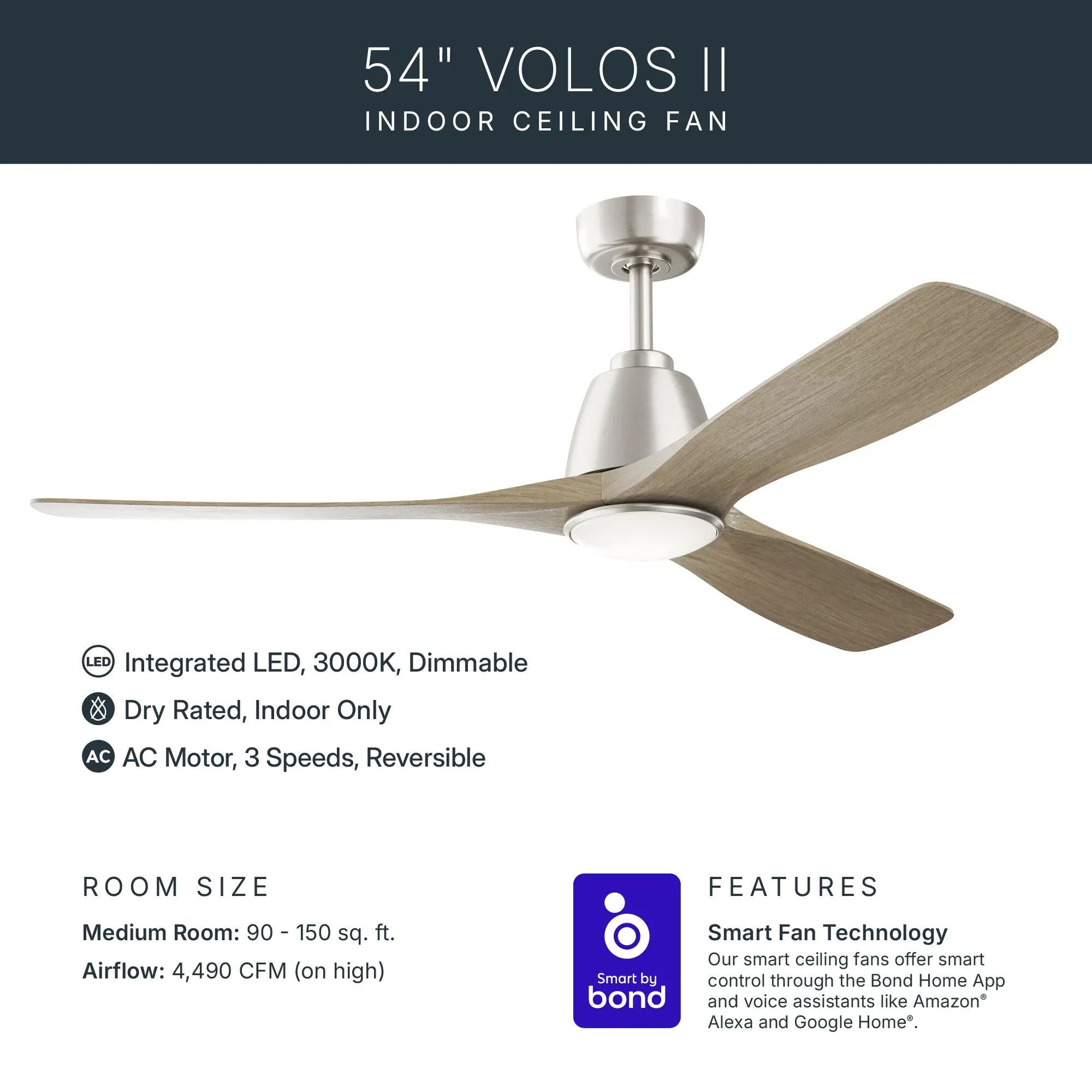 Kichler Volos II 54'' Ceiling Fan with LED Light AC Motor Brushed Nickel