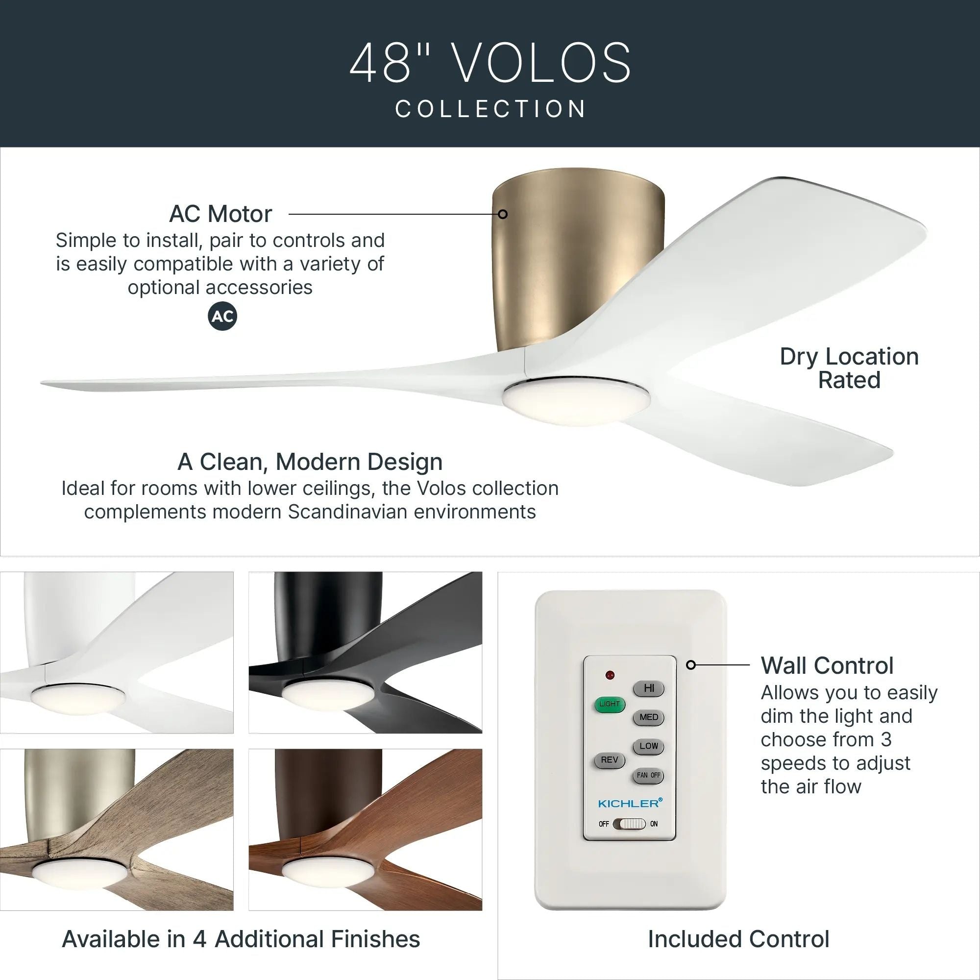 Volos 48" Nickel Hugger LED Ceiling Fan with Wall Control