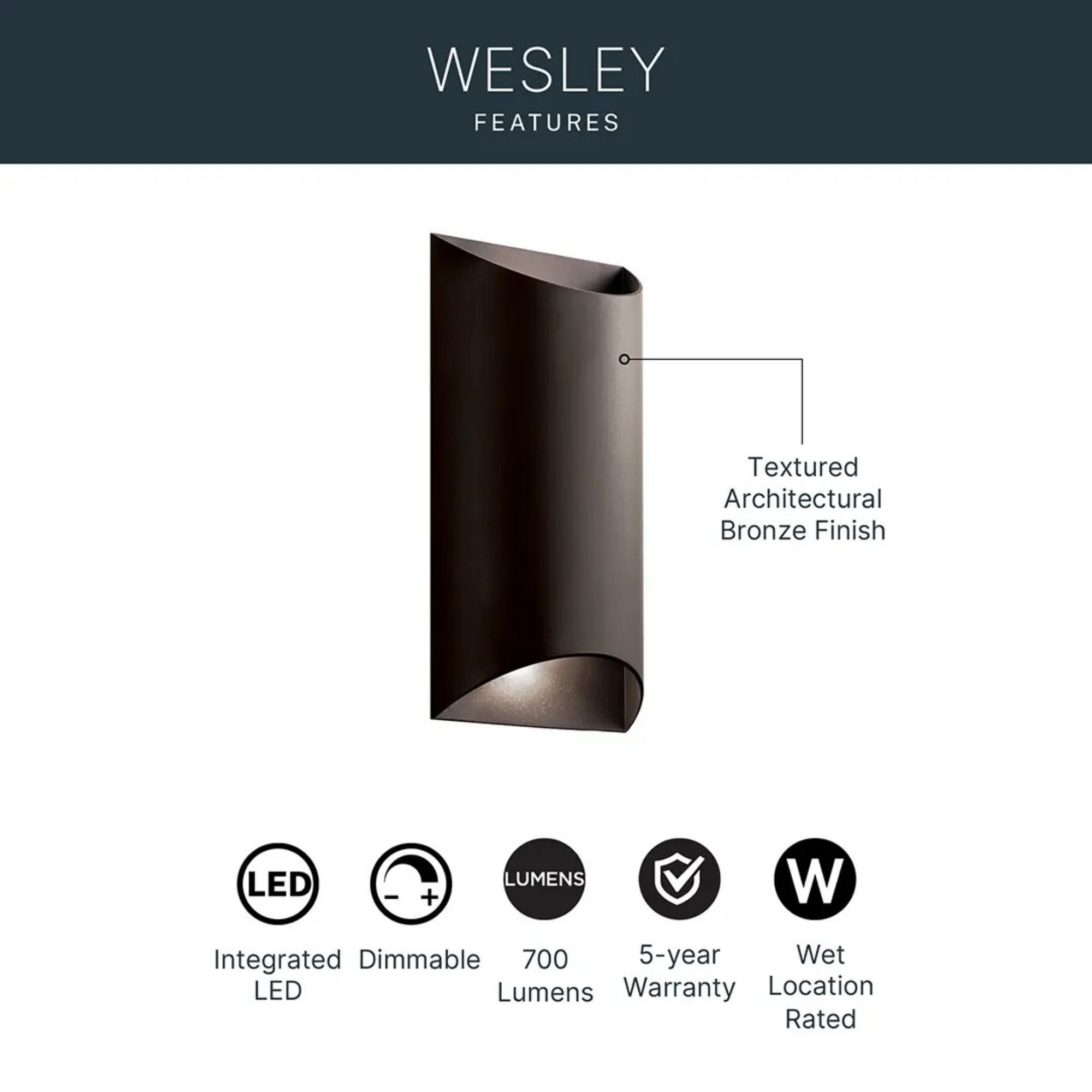 Wesley 13.75in Outdoor Sconce, Textured Architectural Bronze, Integrated LED