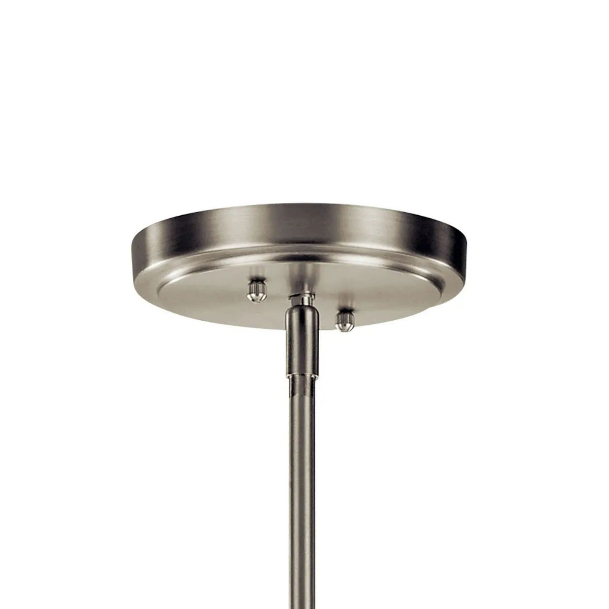 Brushed nickel chandelier ceiling canopy with hanging stem and visible lamp sockets