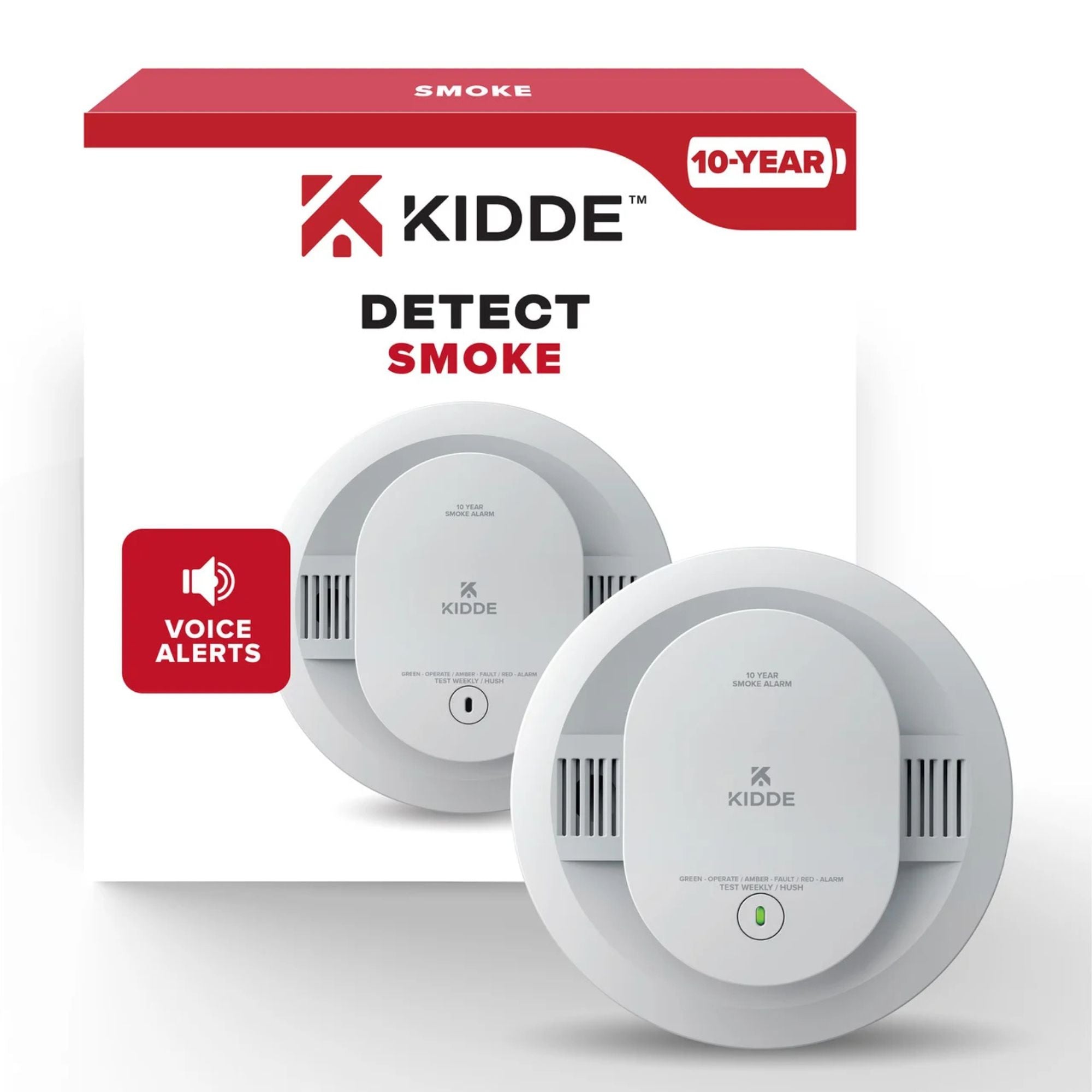 Kidde 20SD10-V Detect Smoke Alarm, 10-Year Battery, Photoelectric Sensor, Voice Alerts