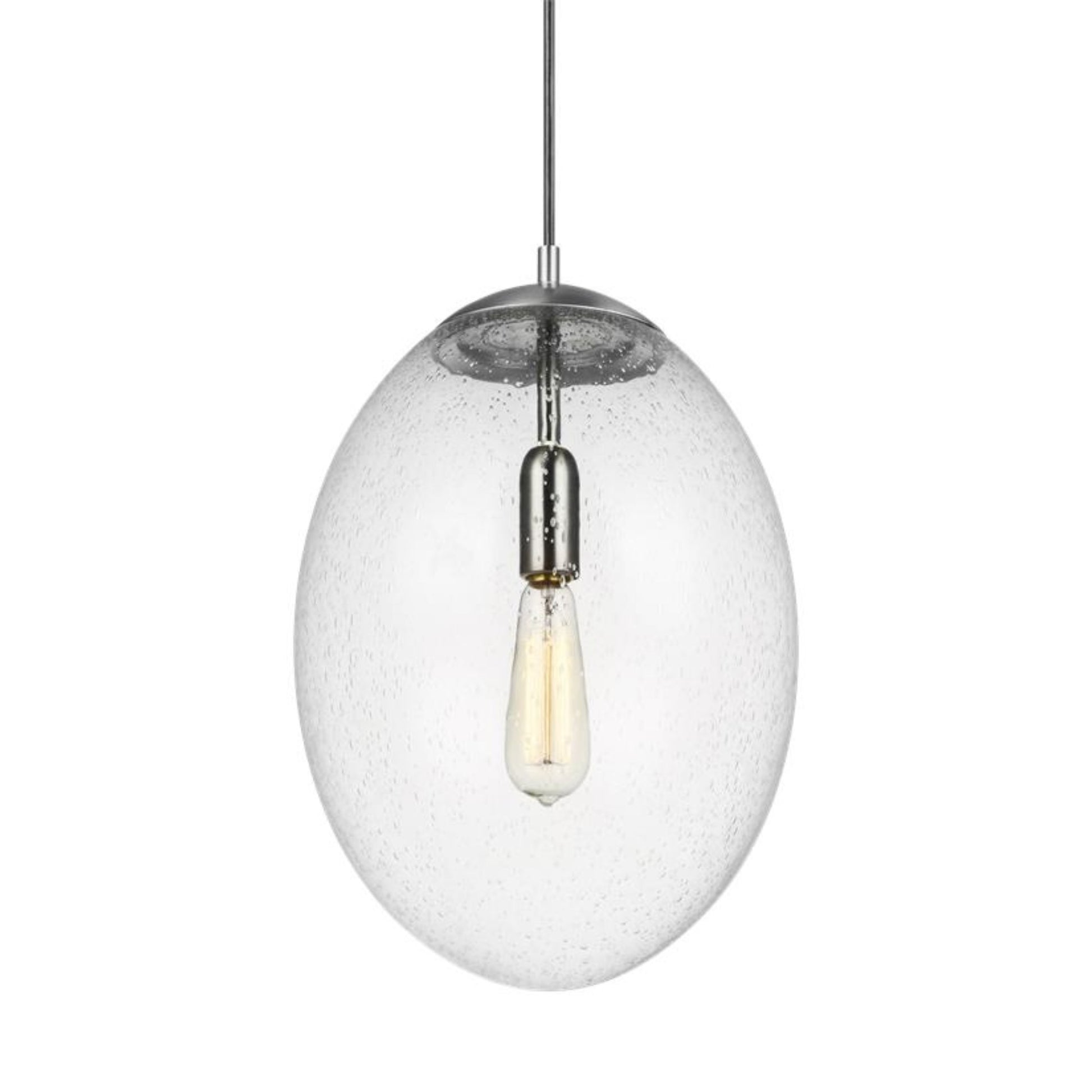 Leo Hanging Globe 14" LED X-Large Pendant, Satin Aluminum Finish with Clear Seeded Glass - Bees Lighting