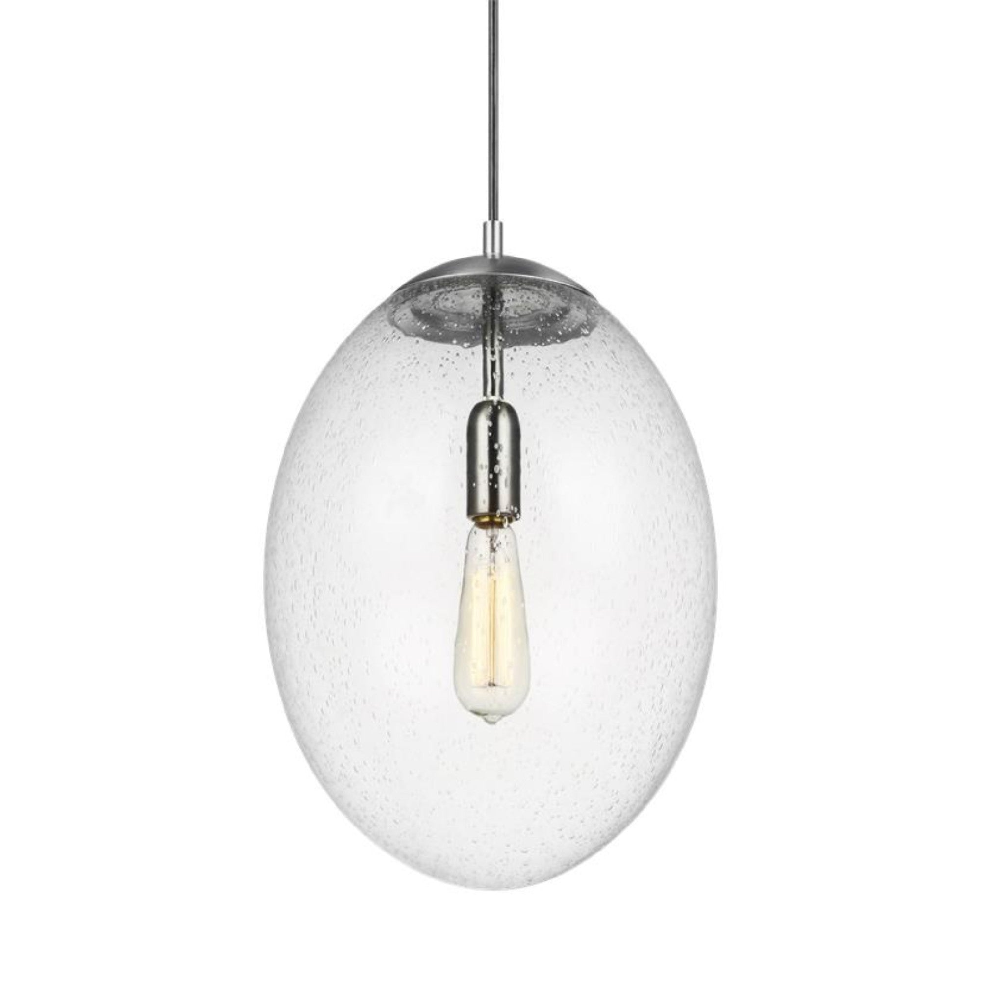 Leo Hanging Globe 14" LED X-Large Pendant, Satin Aluminum Finish with Clear Seeded Glass - Bees Lighting