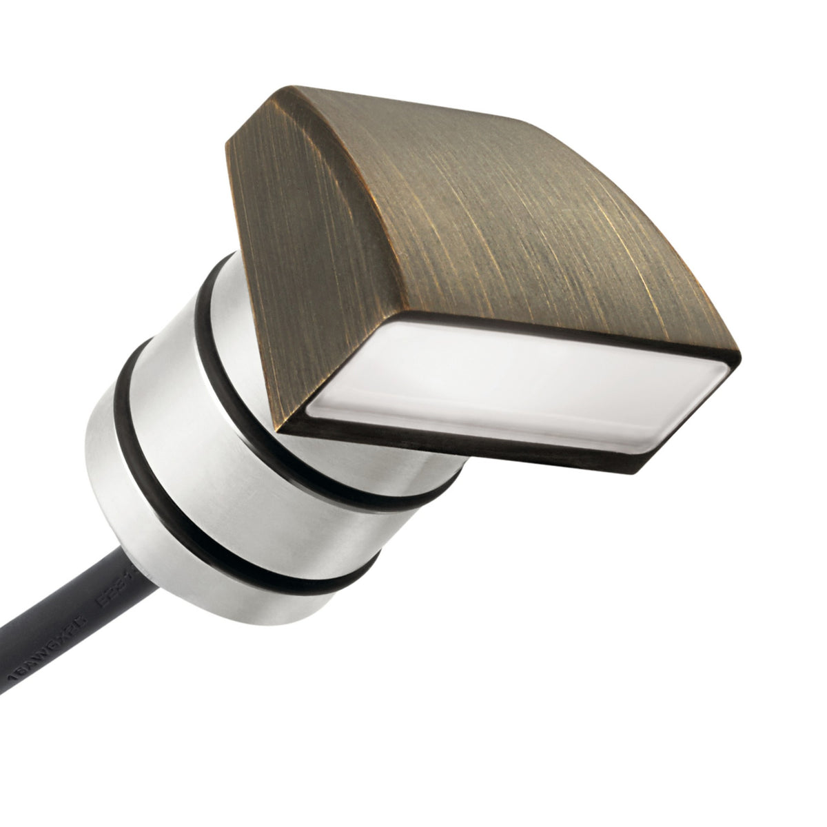 Outdoor LED light head with brushed brass cap on cylindrical mount and black cable