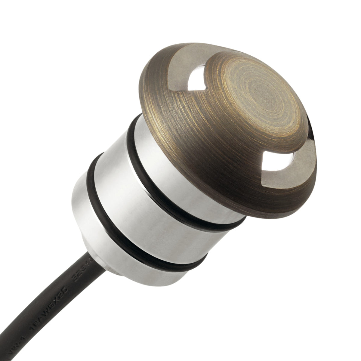Brass-toned LED landscape component with round cap, black cable, and recessed lens