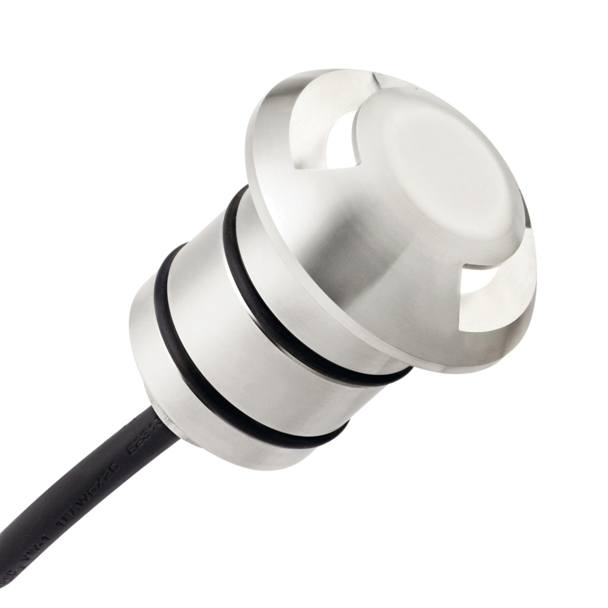 Stainless steel LED light housing with black cable and angled protective ring