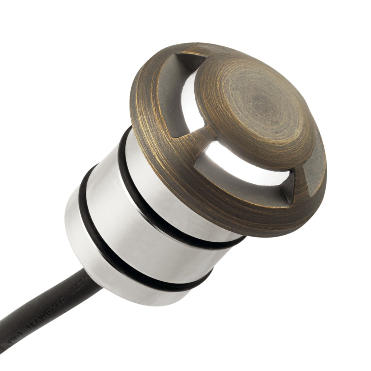 Brass landscape LED lighting component with round cap and attached black wire