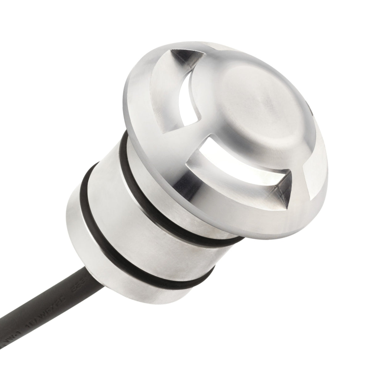 Stainless steel LED light housing with black gasket and wire, angled view