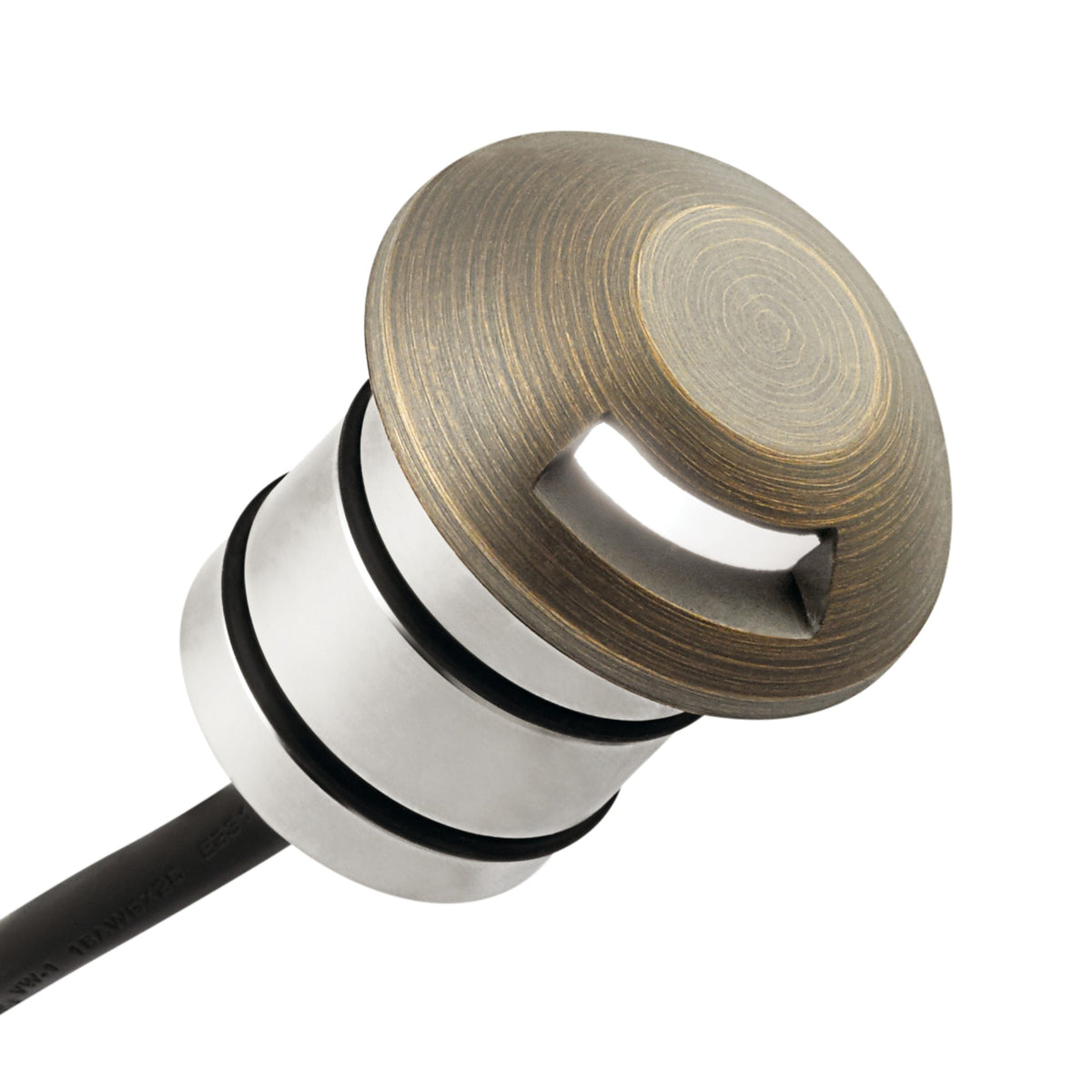 Bronze LED light component with round cap, metal housing, and black cable