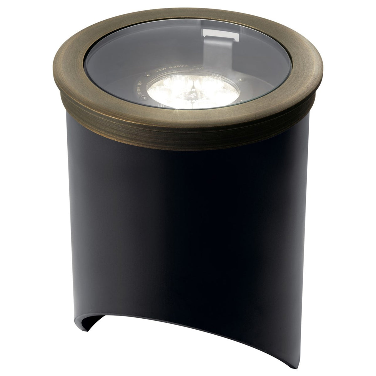 Black recessed lighting housing with brushed bronze ring and lit lens