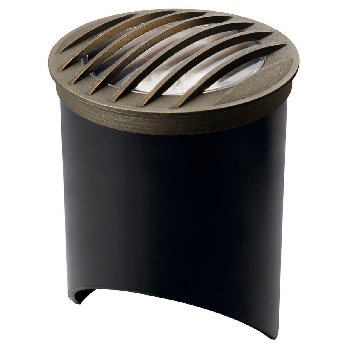 Kichler rock guard with slotted brass grille and black mount base