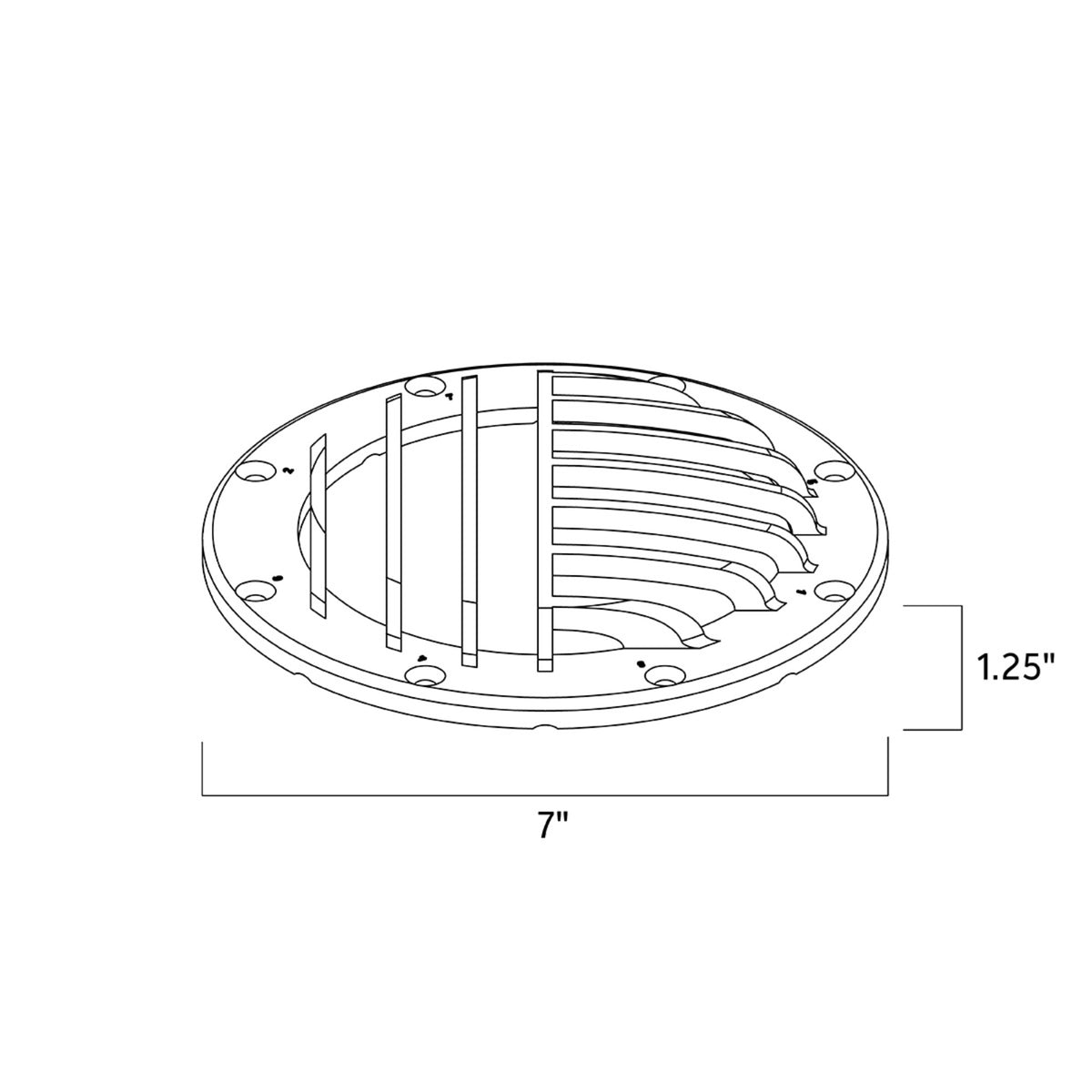 Rock guard dimensions: 7 in diameter, 1.25 in height, round mounting plate diagram