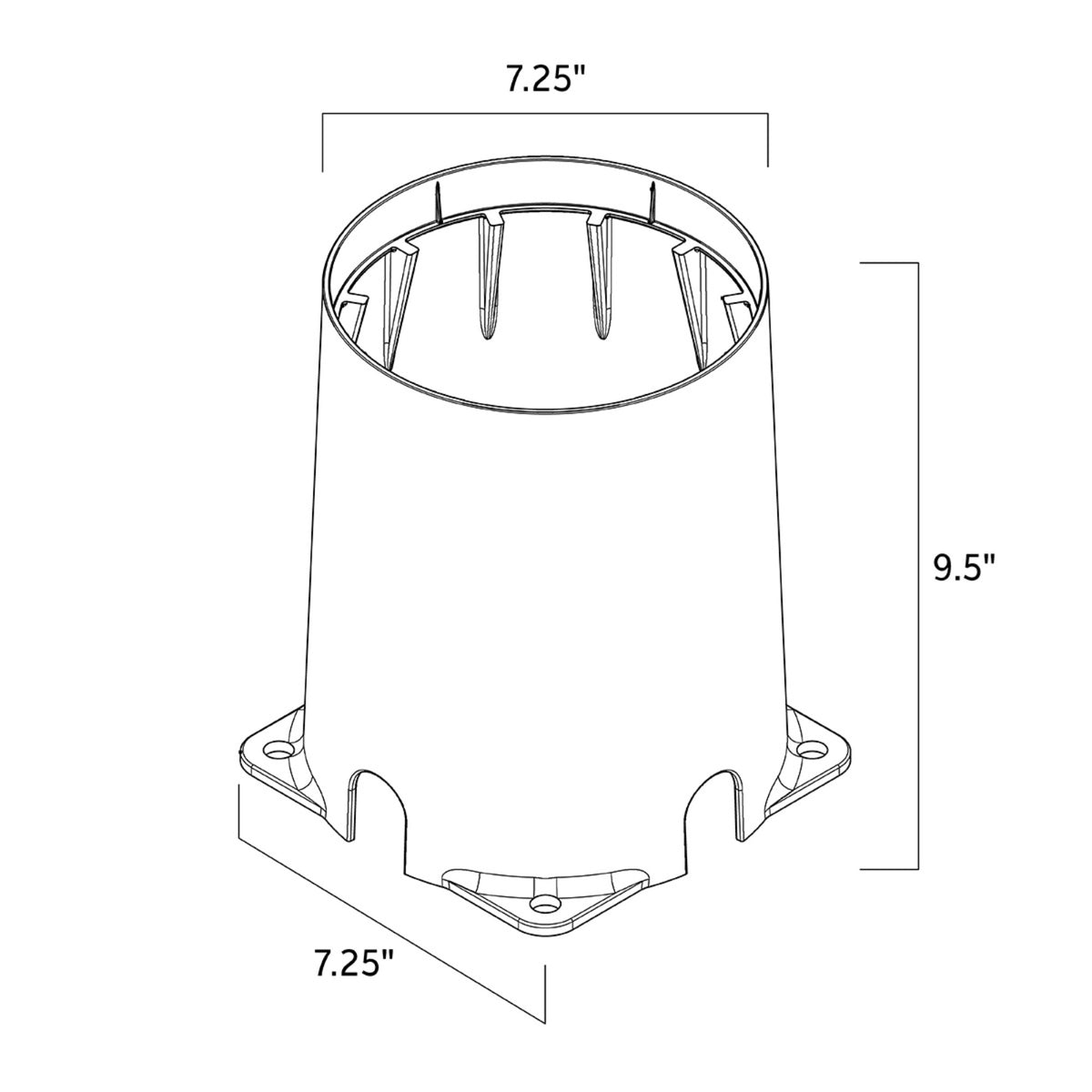 Black lighting housing diagram with 7.25 in top opening and 9.5 in height