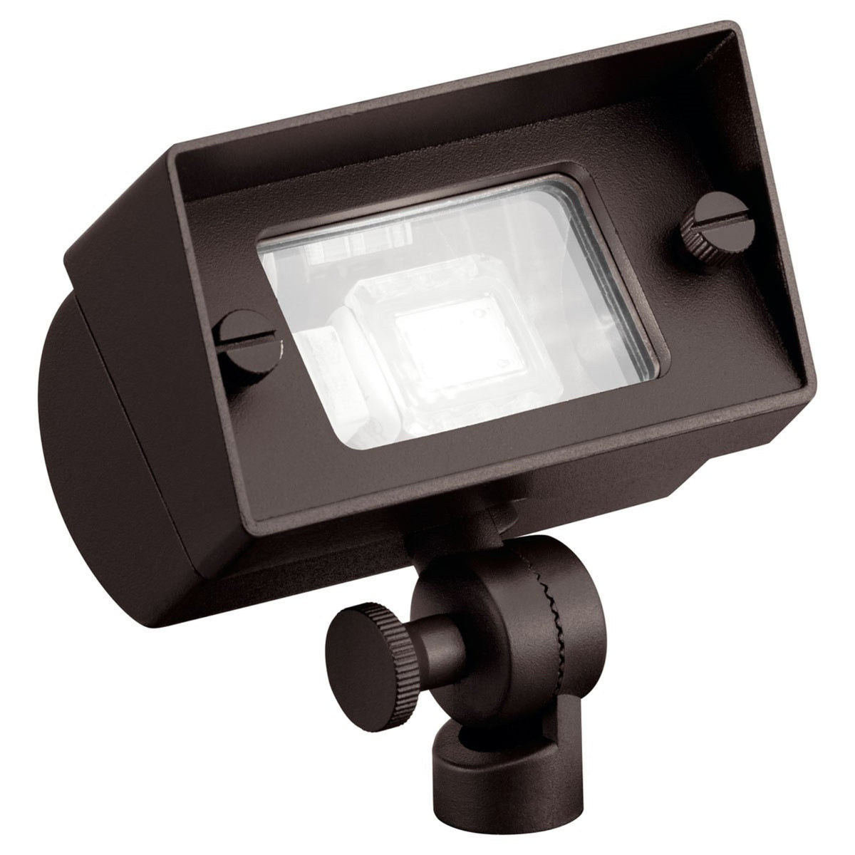 Textured bronze wall wash light fixture with covered rectangular lens and swivel base