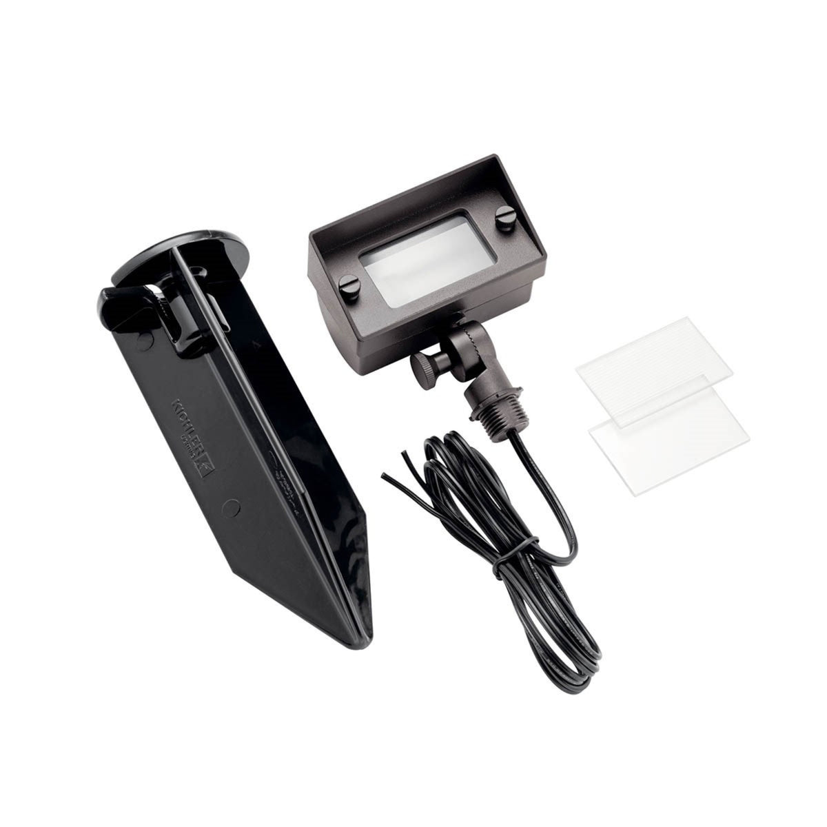 Bronze wall wash light fixture parts set with cord, mounting bracket, and accessories